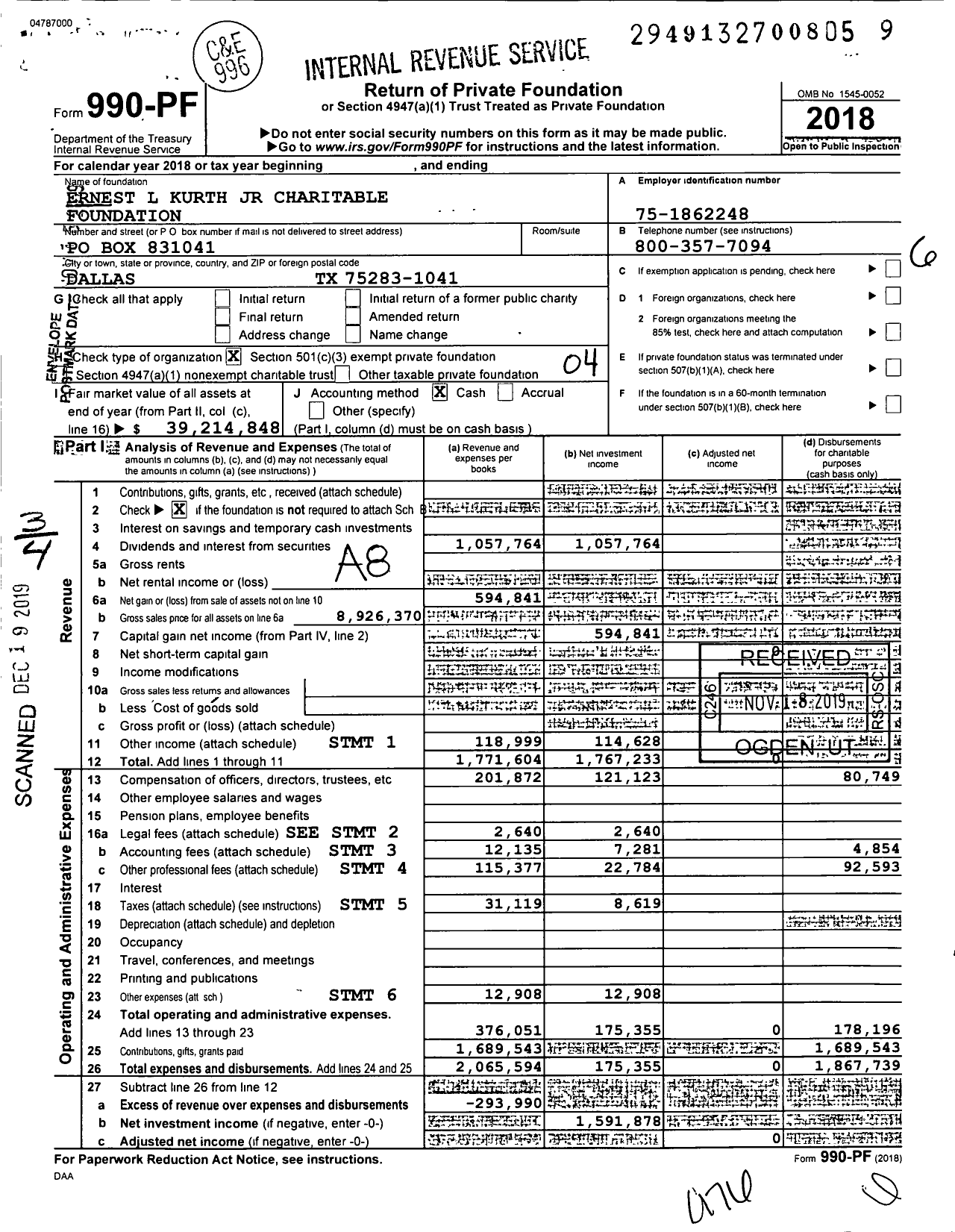 Image of first page of 2018 Form 990PF for Ernest L Kurth JR Charitable Foundation