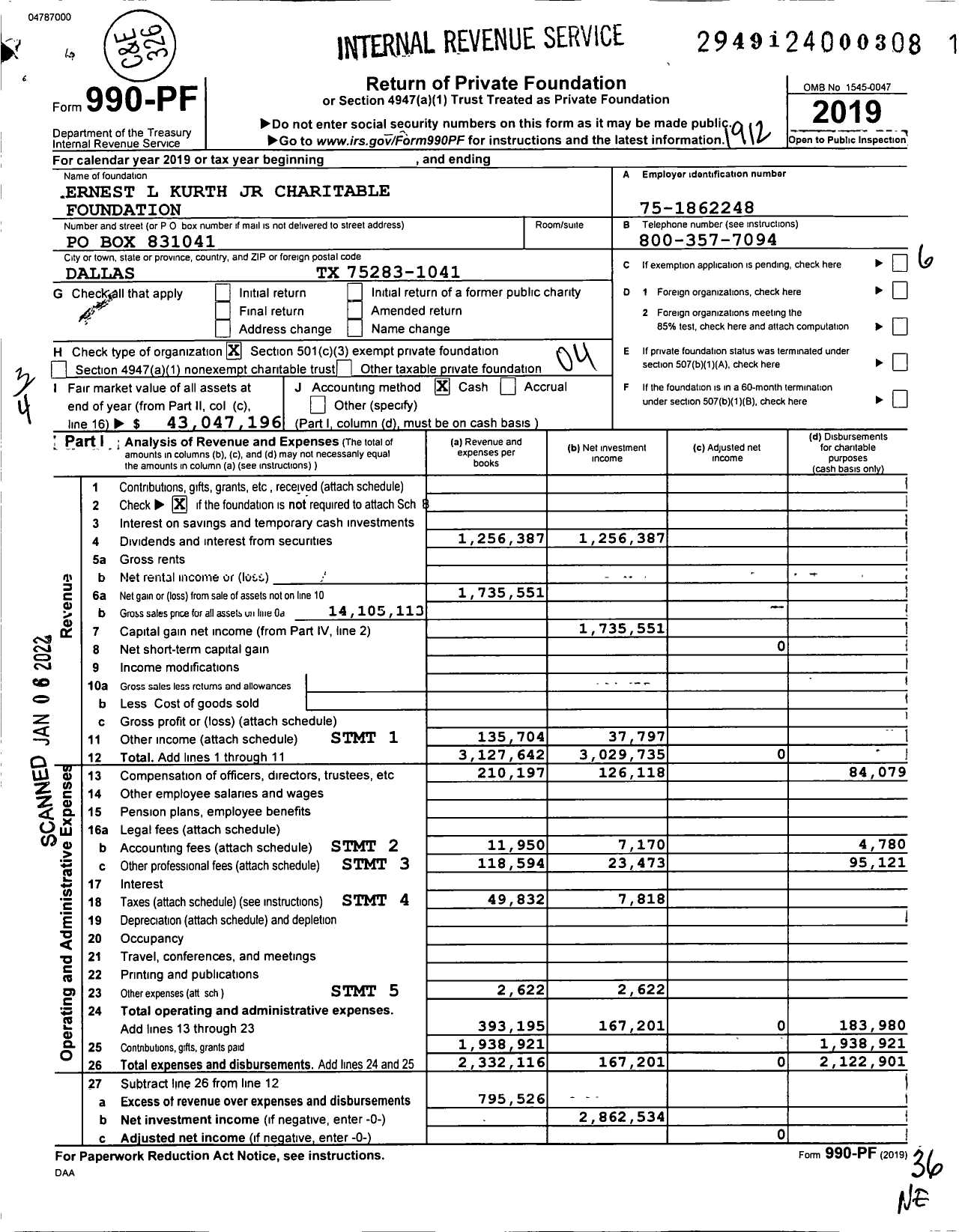 Image of first page of 2019 Form 990PF for Ernest L Kurth JR Charitable Foundation