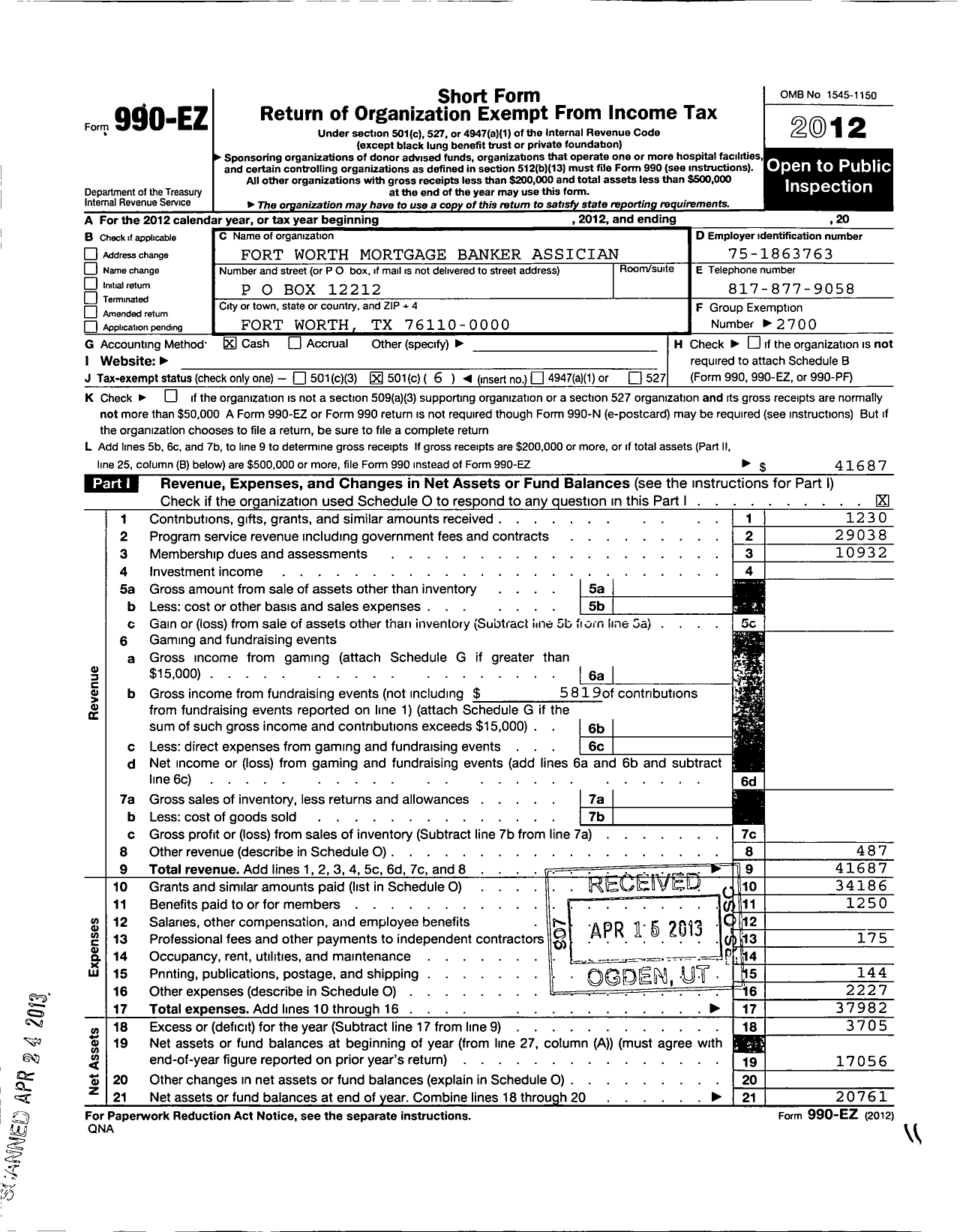 Image of first page of 2012 Form 990EO for Fort Worth Mortgage Bankers Association