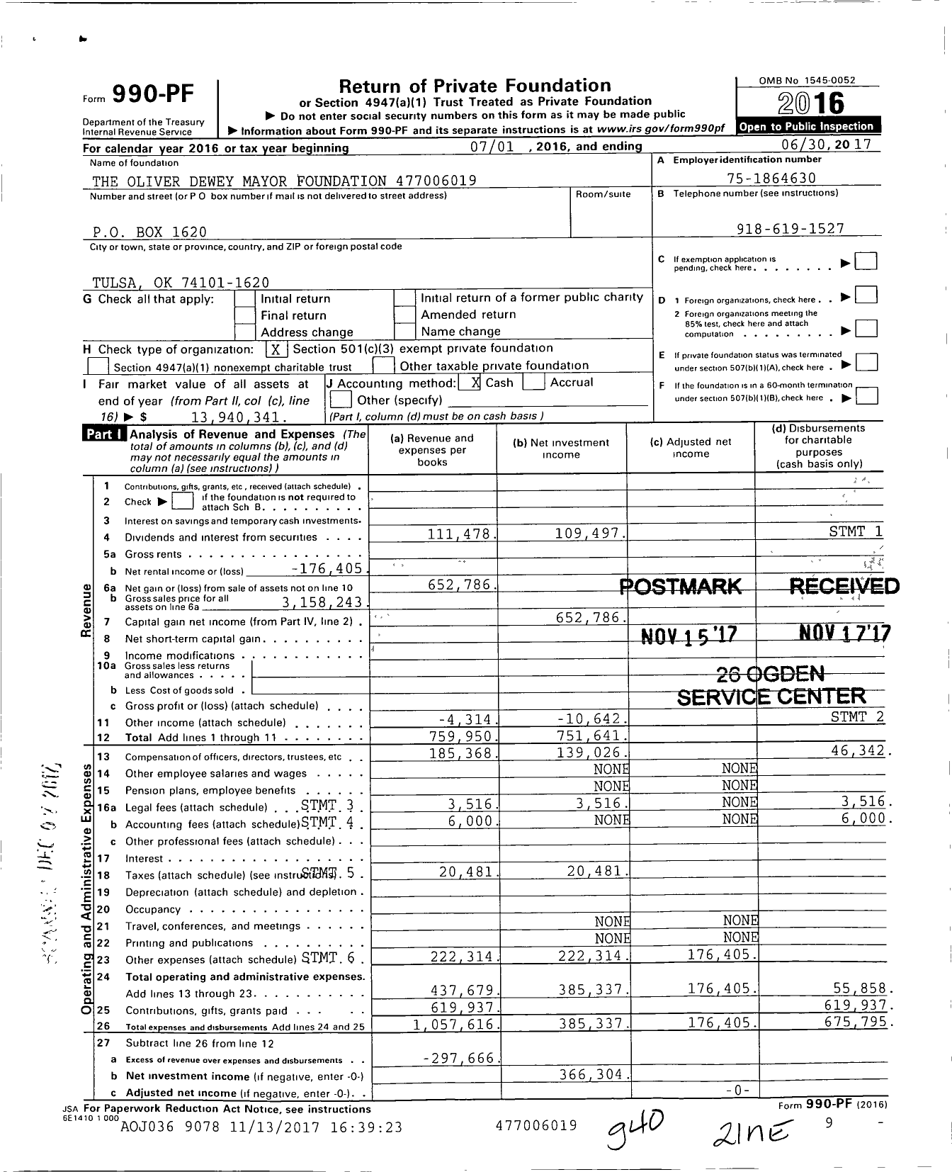Image of first page of 2016 Form 990PF for The Oliver Dewey Mayor Foundation 477006019