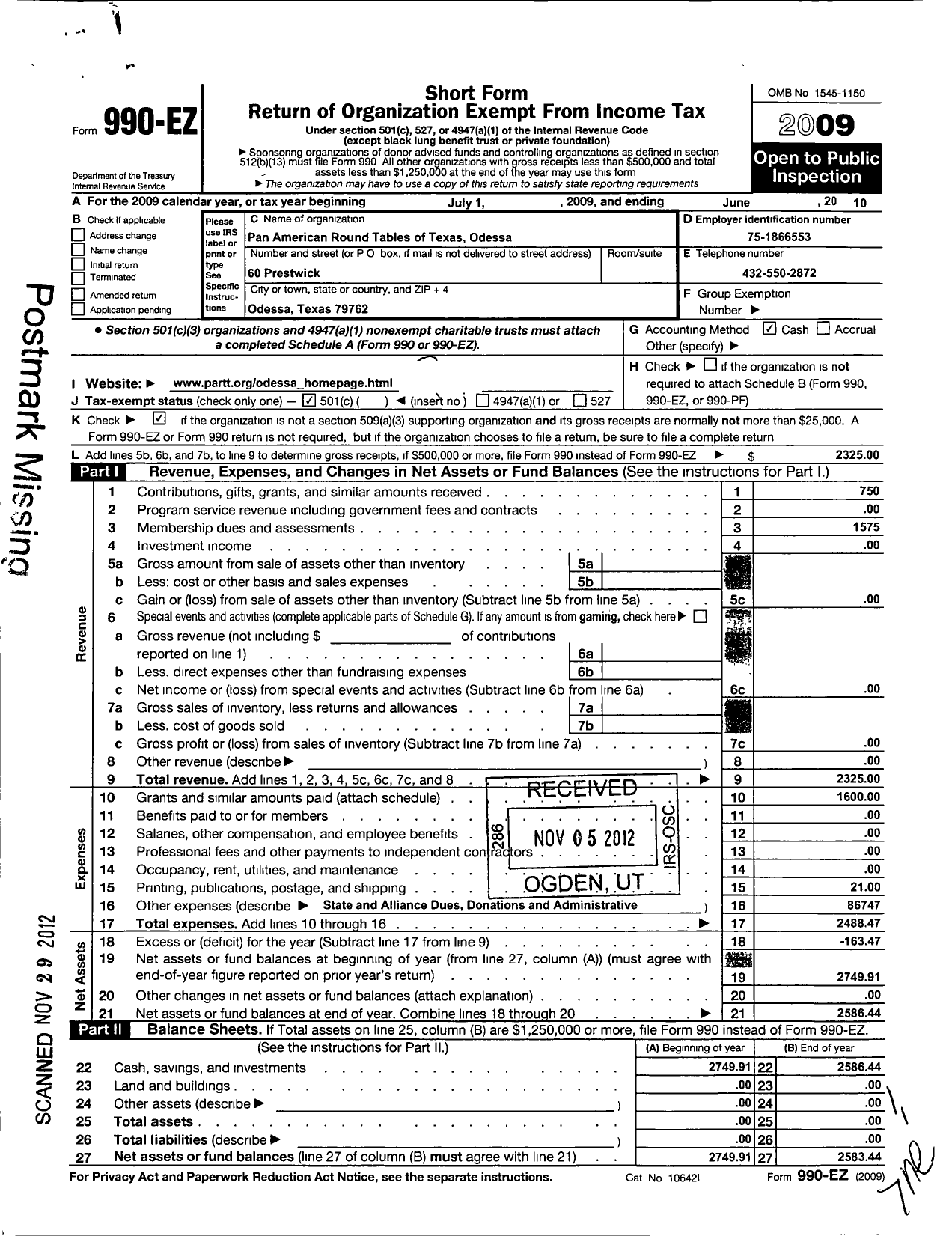 Image of first page of 2009 Form 990EO for Pan American Roundtables of Texas / Odessa