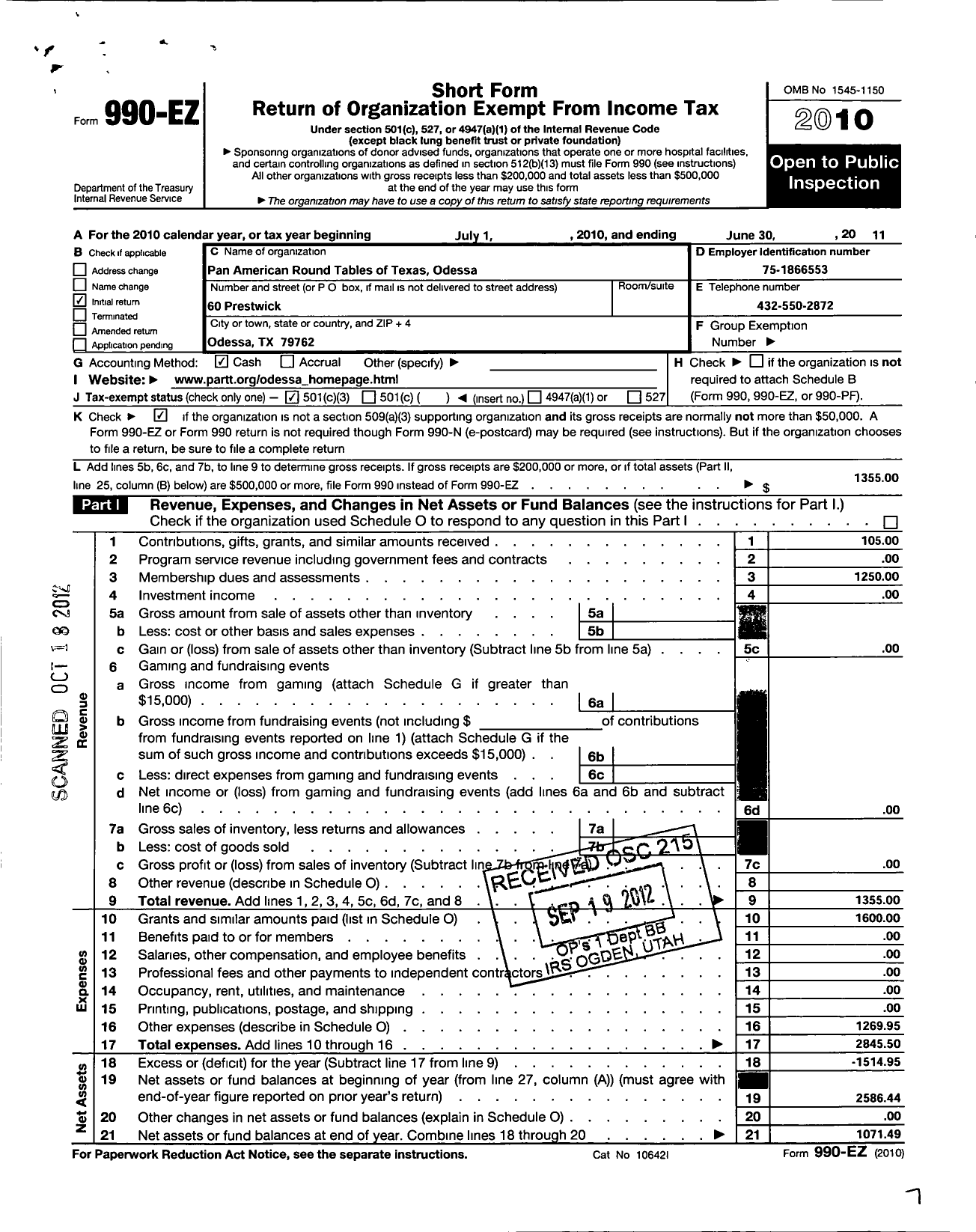 Image of first page of 2010 Form 990EZ for Pan American Roundtables of Texas / Odessa