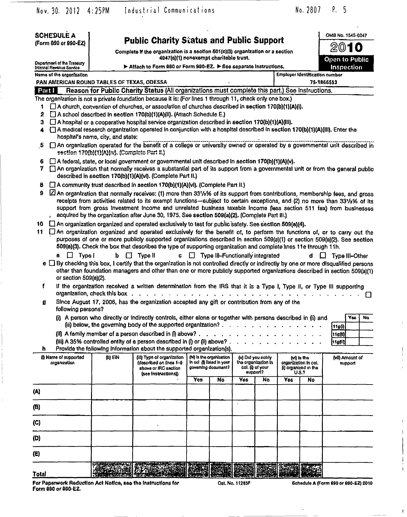 Image of first page of 2010 Form 990ER for Pan American Roundtables of Texas / Odessa