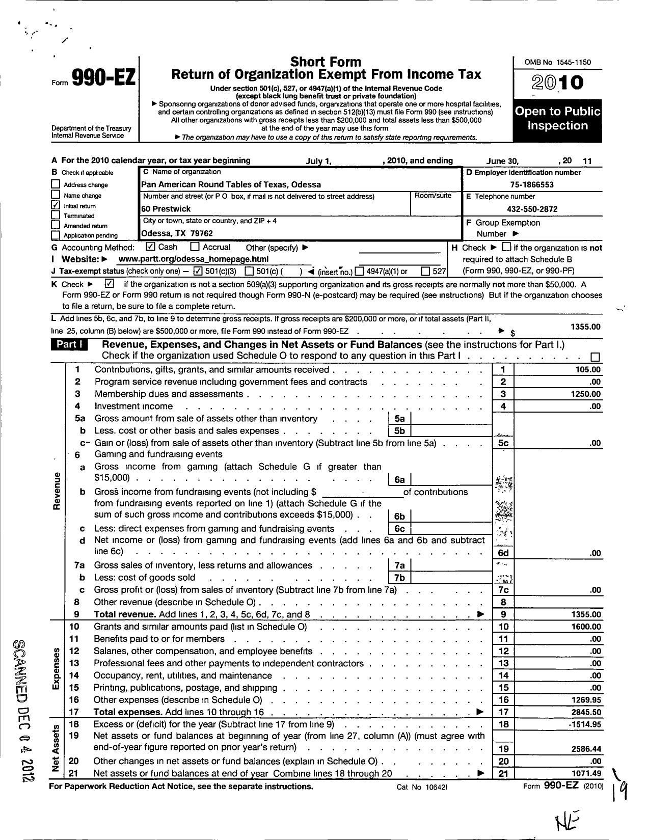 Image of first page of 2010 Form 990EZ for Pan American Roundtables of Texas / Odessa