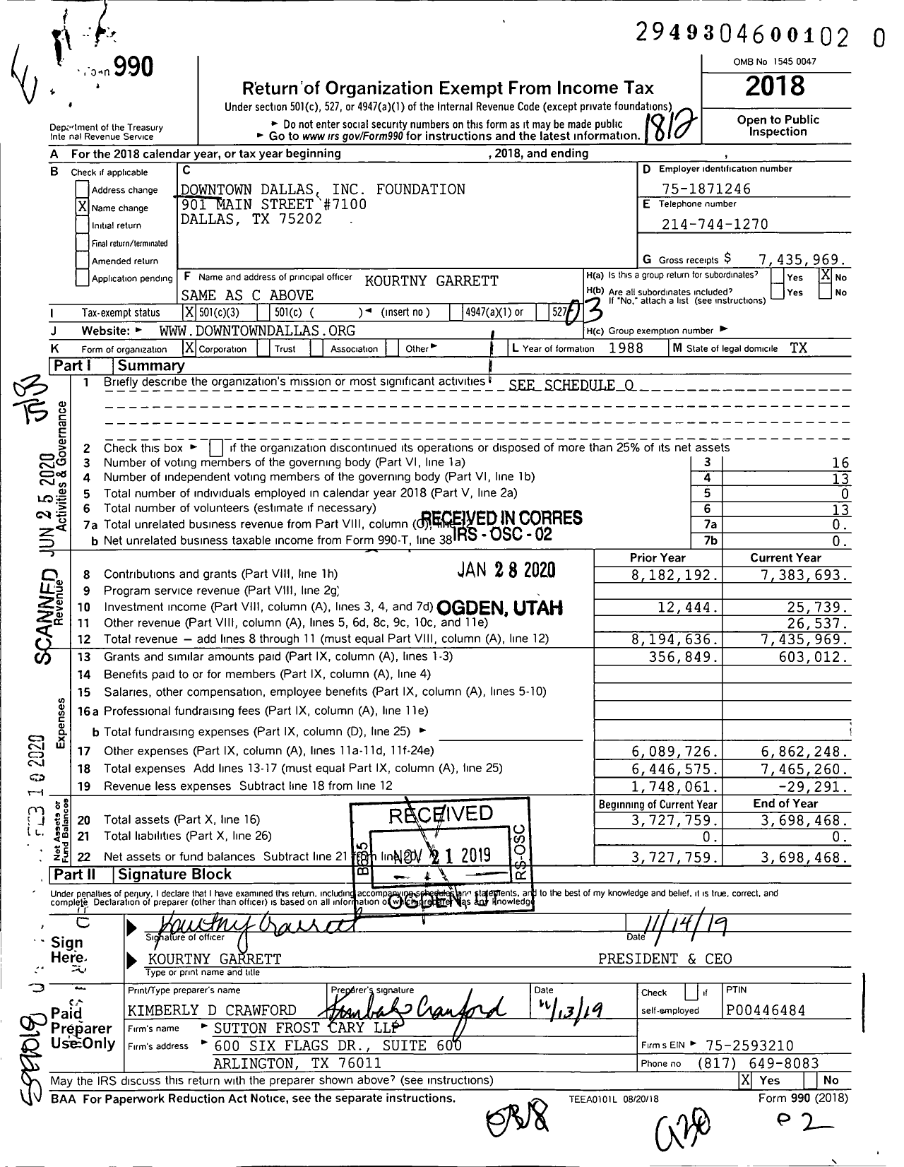 Image of first page of 2018 Form 990 for Downtown Dallas Foundation