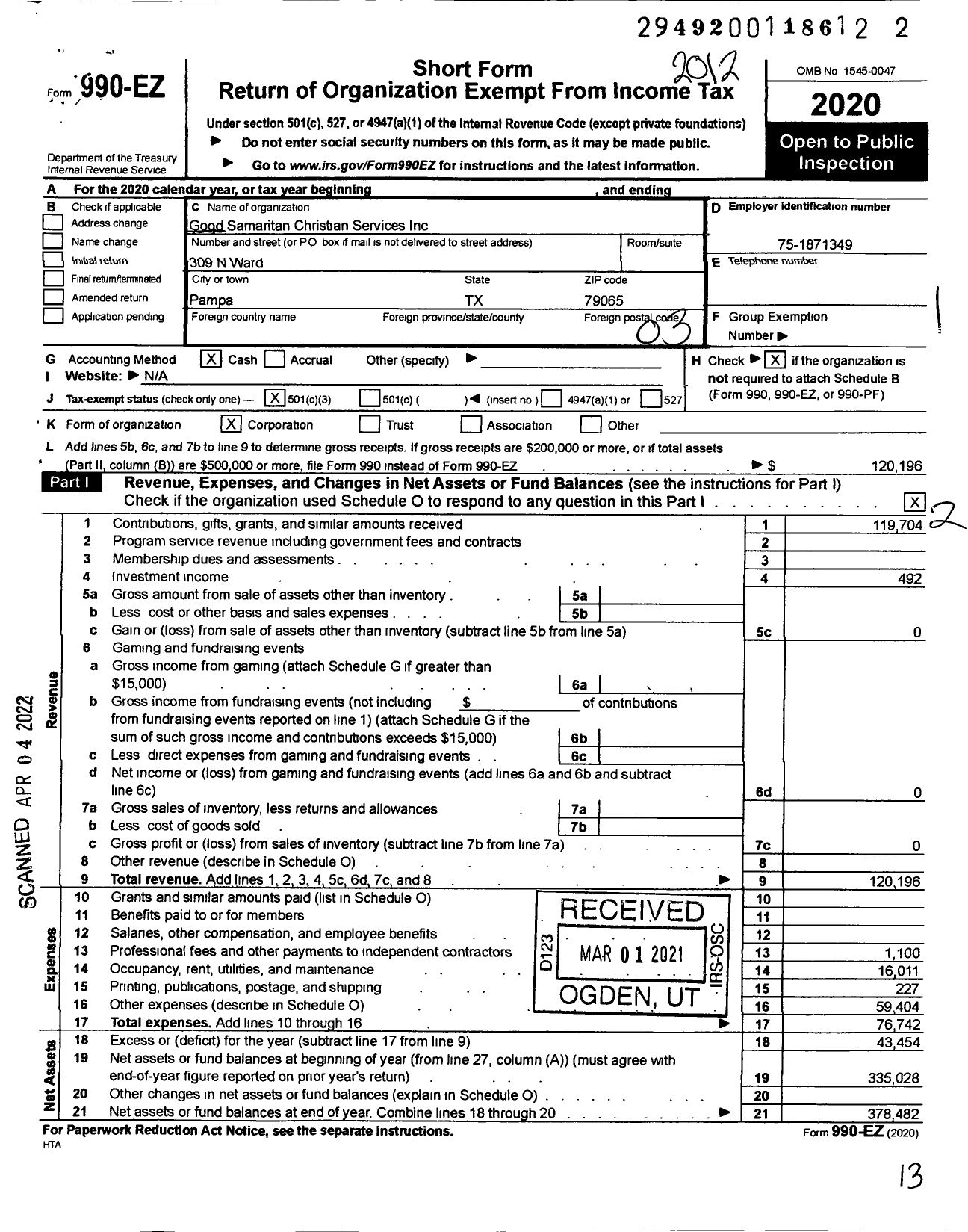 Image of first page of 2020 Form 990EZ for Good Samaritan Christian Services