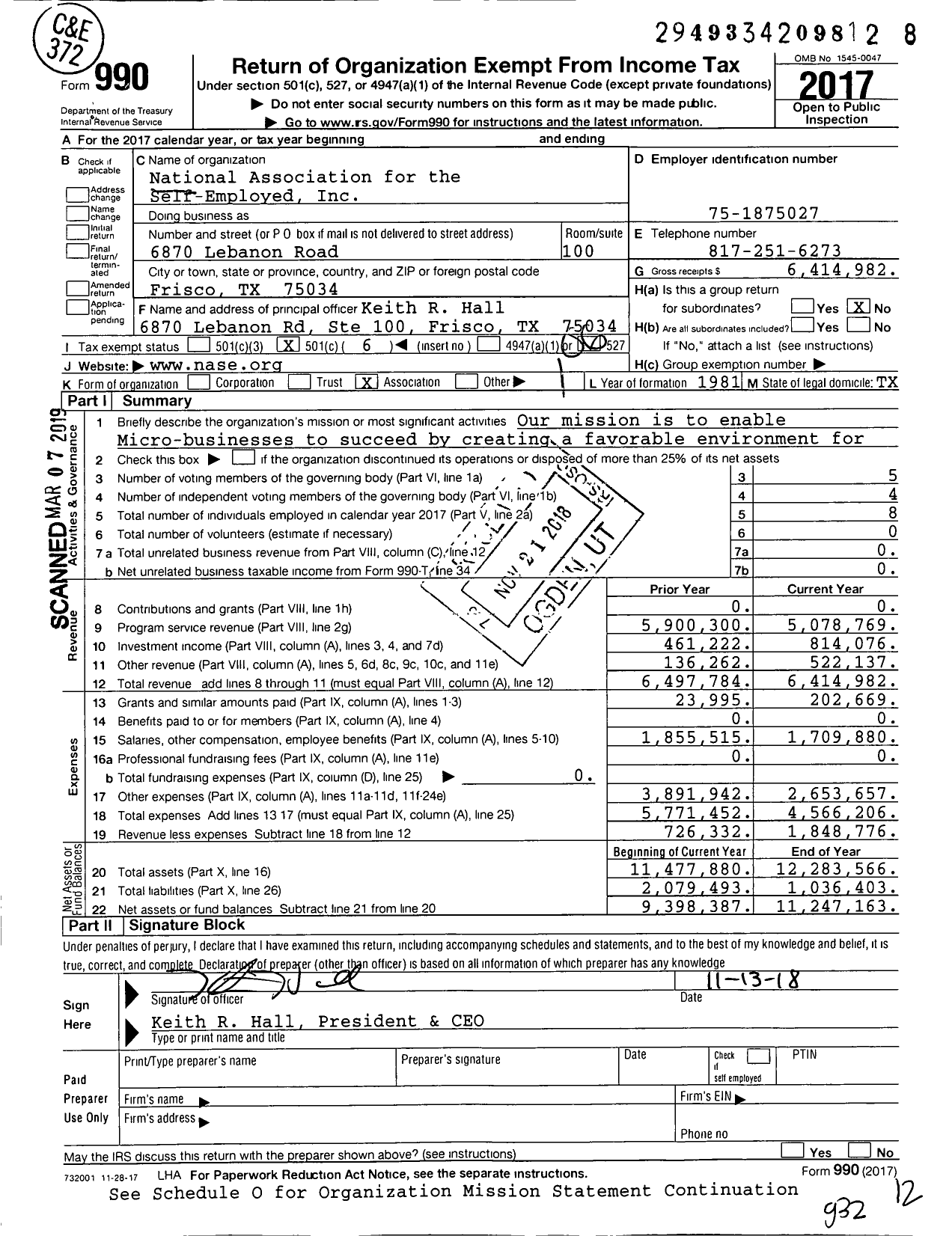 Image of first page of 2017 Form 990O for National Association for the Self-Employed
