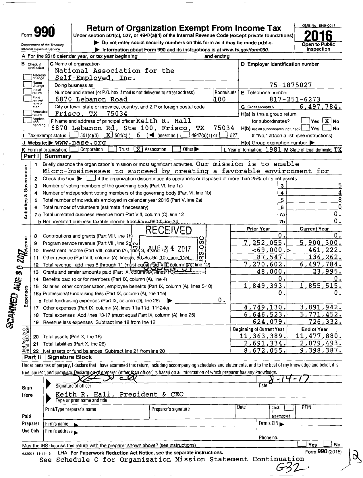 Image of first page of 2016 Form 990O for National Association for the Self-Employed