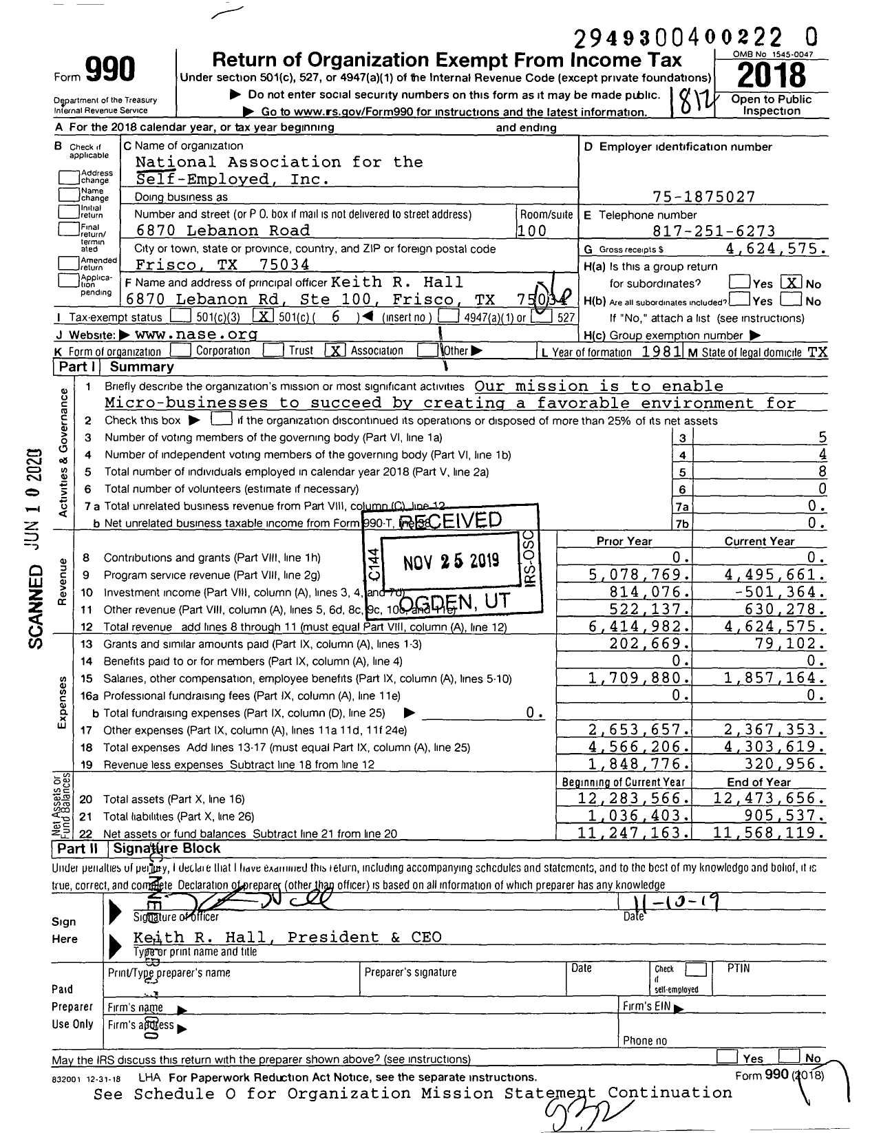 Image of first page of 2018 Form 990O for National Association for the Self-Employed
