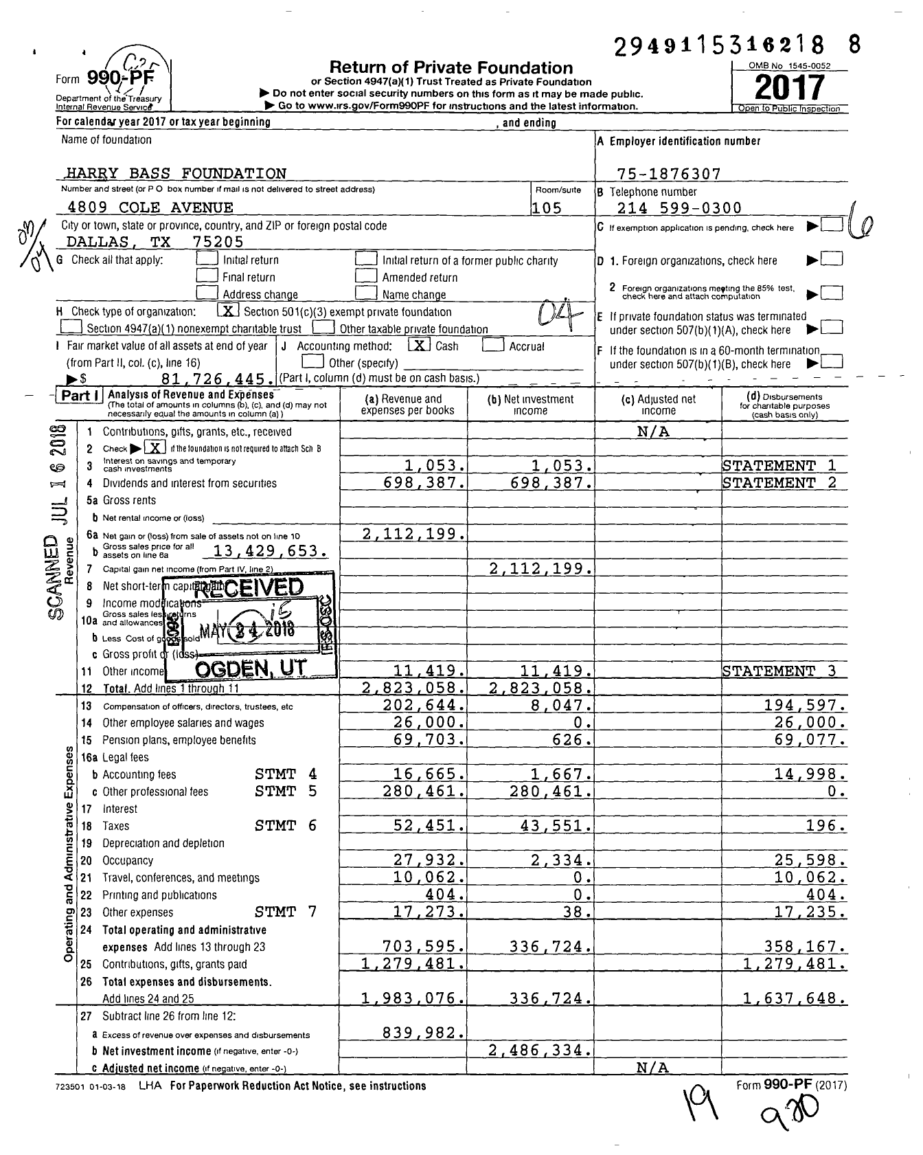 Image of first page of 2017 Form 990PF for Harry Bass Foundation