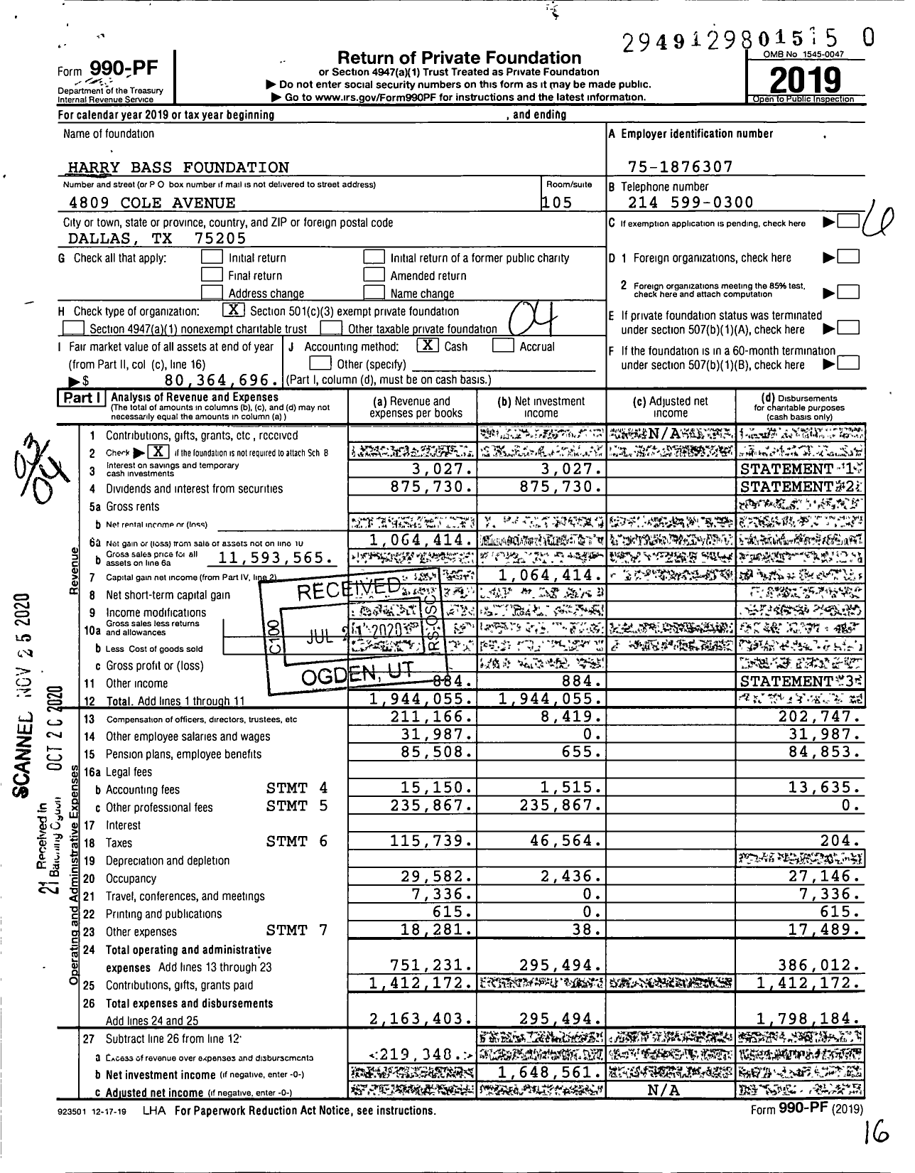 Image of first page of 2019 Form 990PF for Harry Bass Foundation