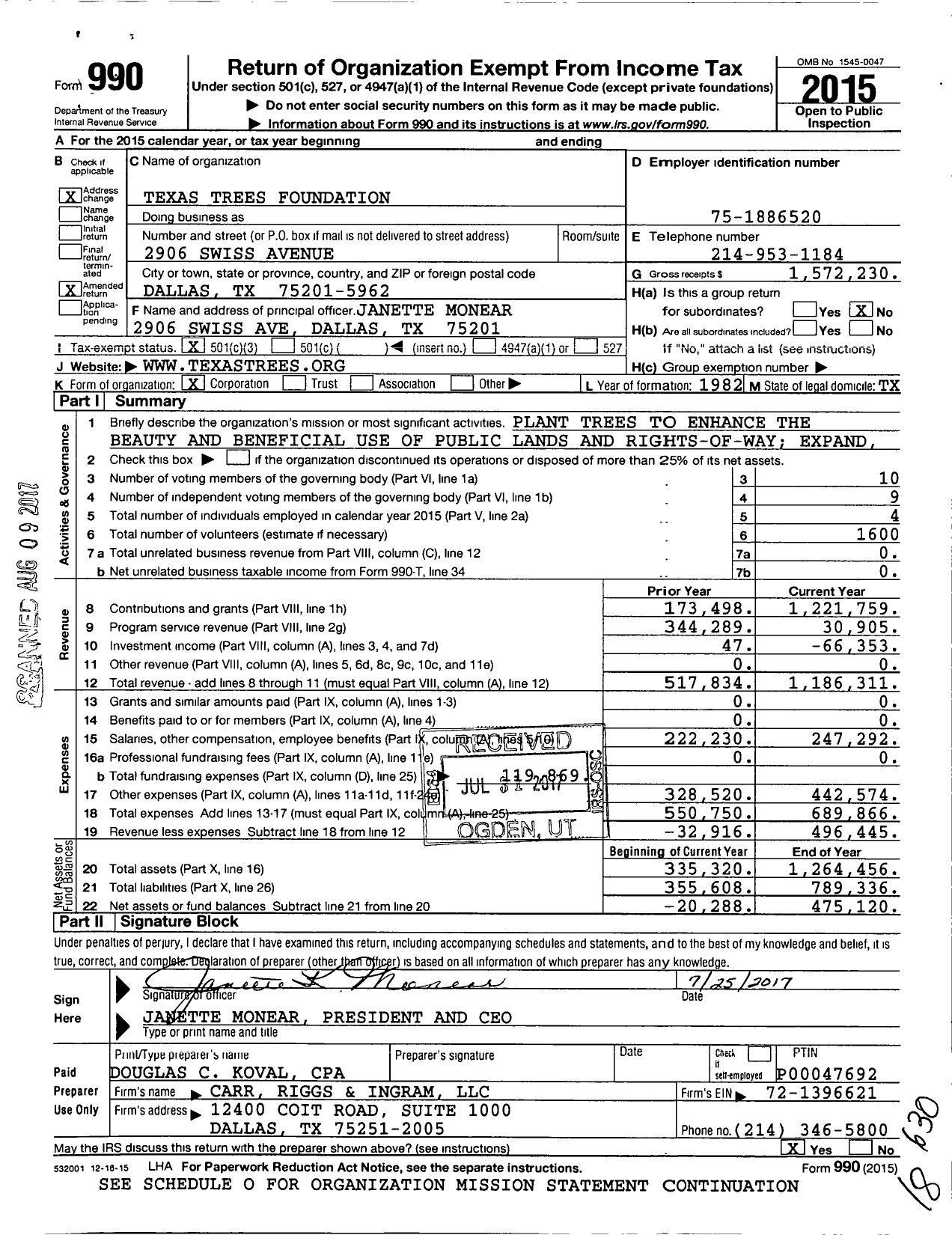 Image of first page of 2015 Form 990 for Texas Trees Foundation