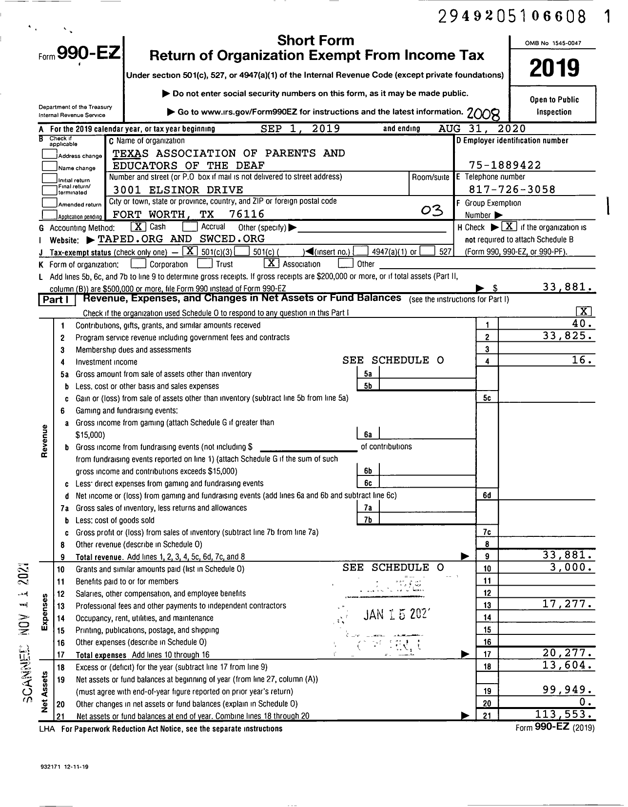 Image of first page of 2019 Form 990EZ for Texas Association of Parents and Educators of the Deaf