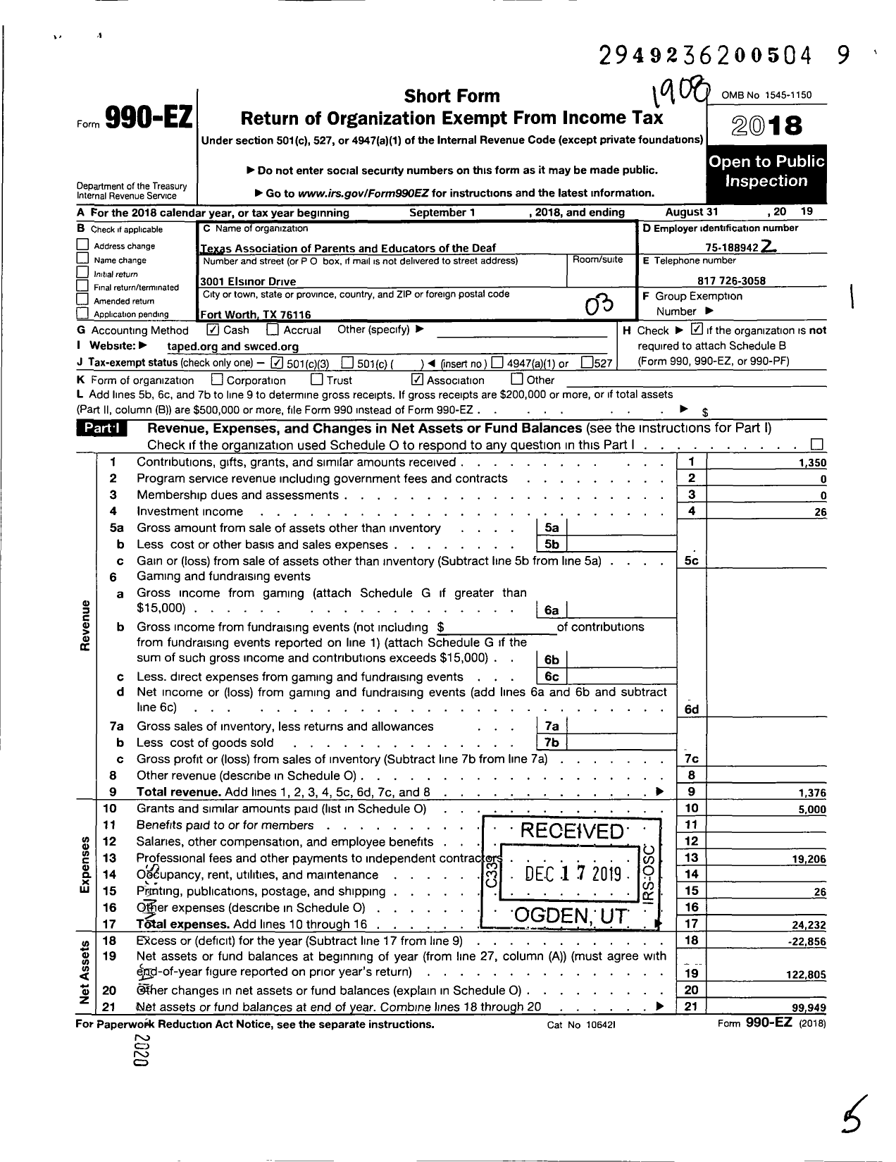 Image of first page of 2018 Form 990EZ for Texas Association of Parents and Educators of the Deaf