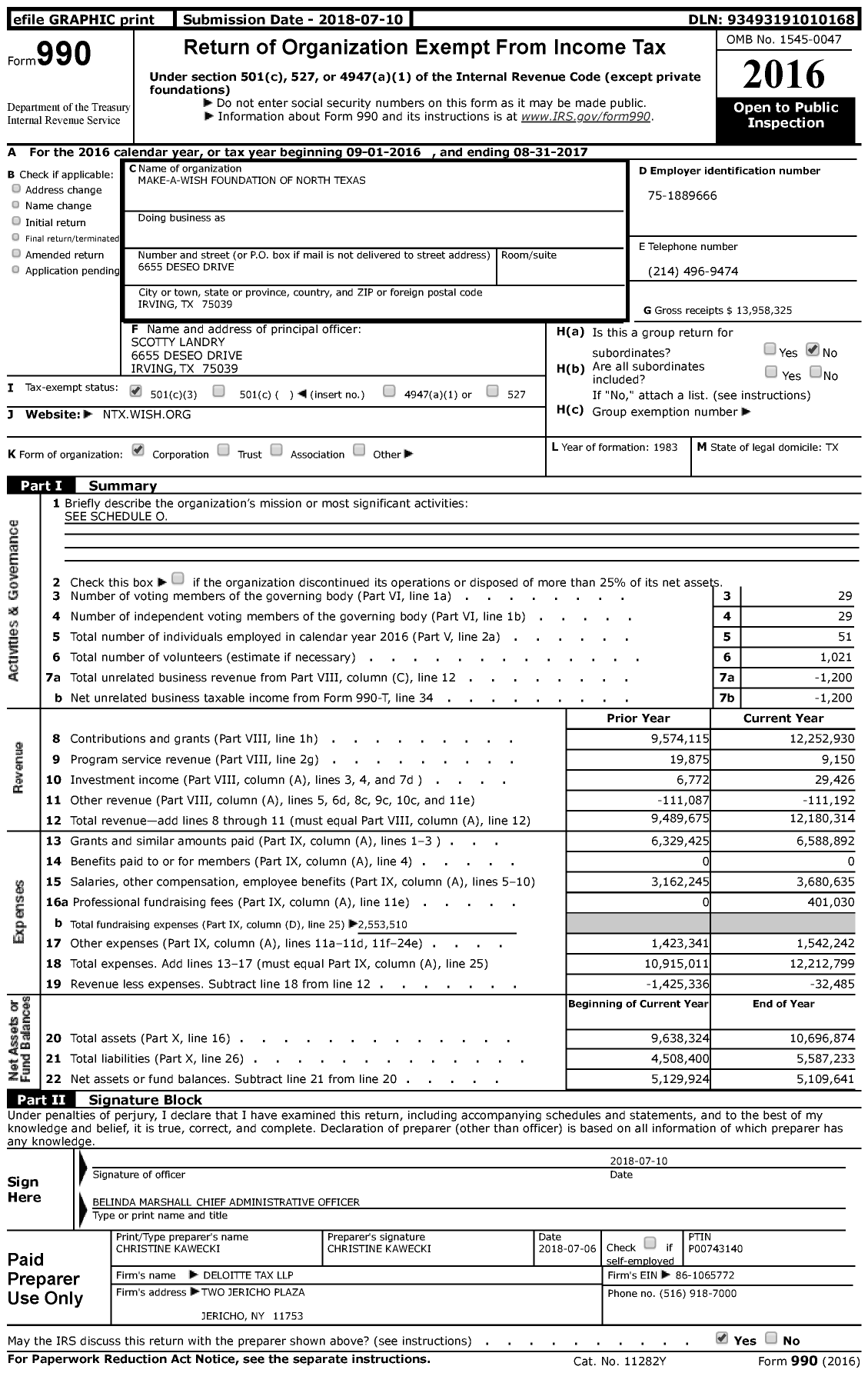 Image of first page of 2016 Form 990 for Make-A-Wish Foundation of North Texas