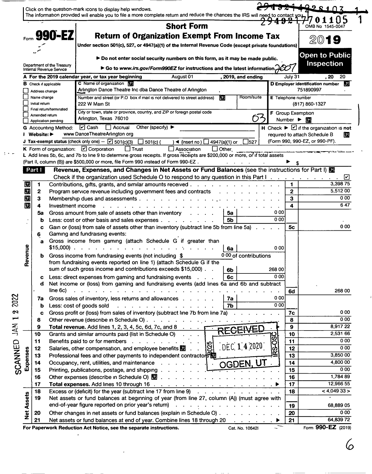 Image of first page of 2019 Form 990EZ for Dance Theatre of Arlington