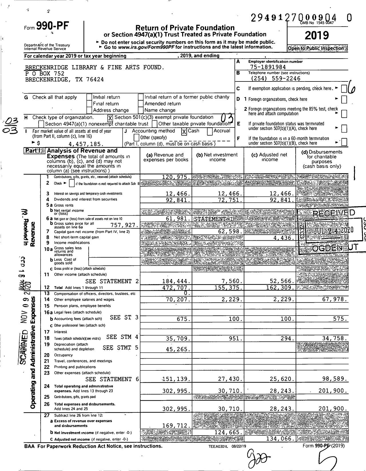 Image of first page of 2019 Form 990PF for Breckenridge Library and Fine Arts Found