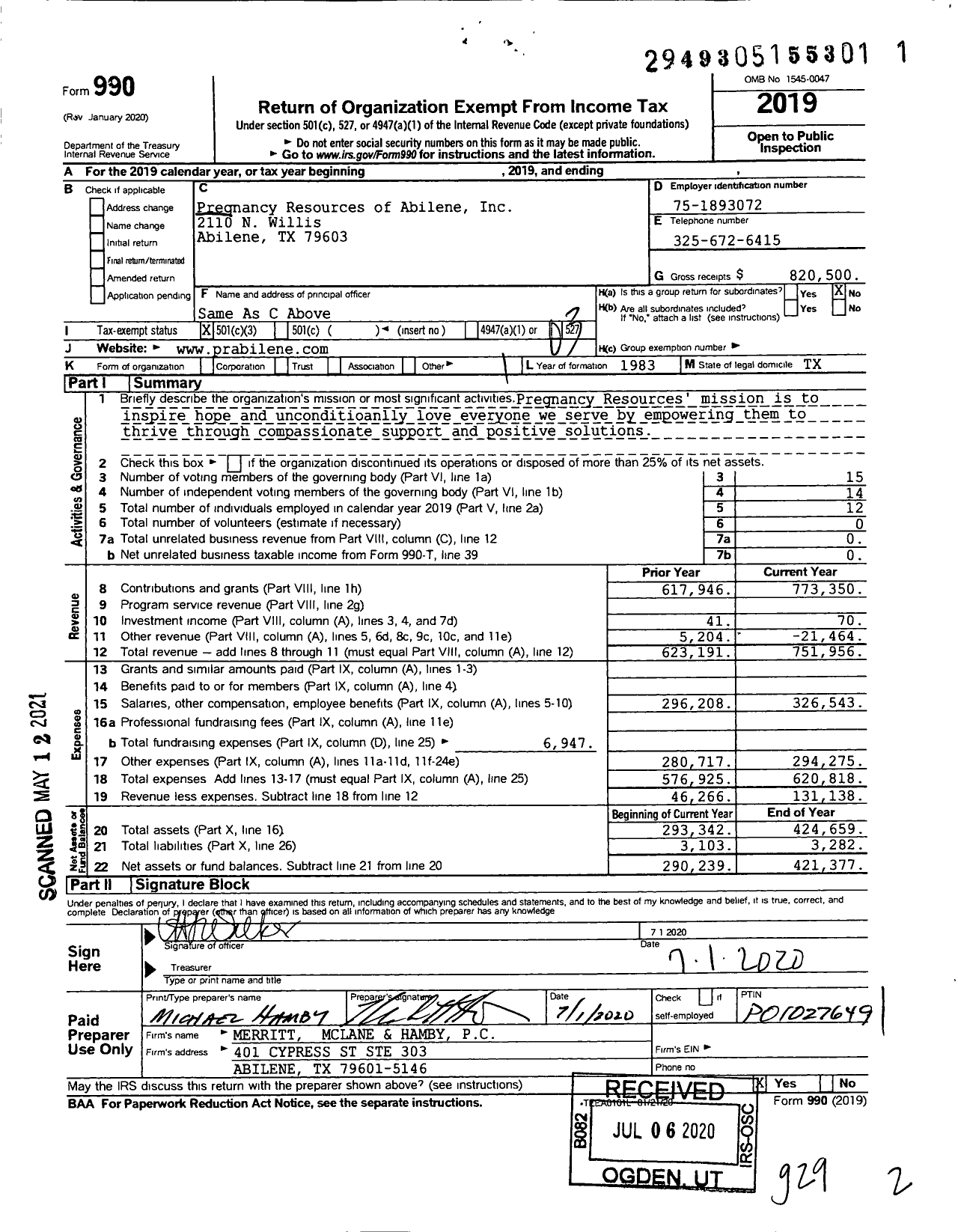 Image of first page of 2019 Form 990 for Pregnancy Resources of Abilene