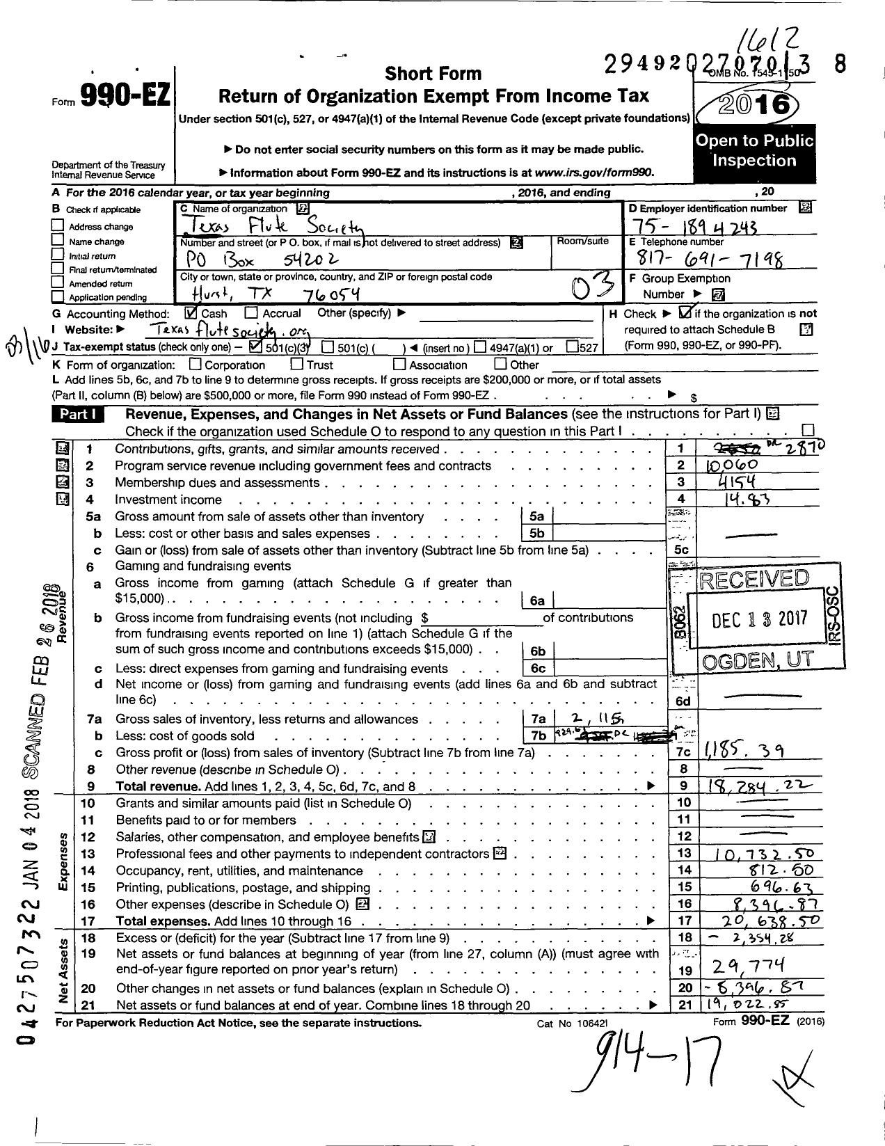 Image of first page of 2016 Form 990EZ for Texas Flute Society