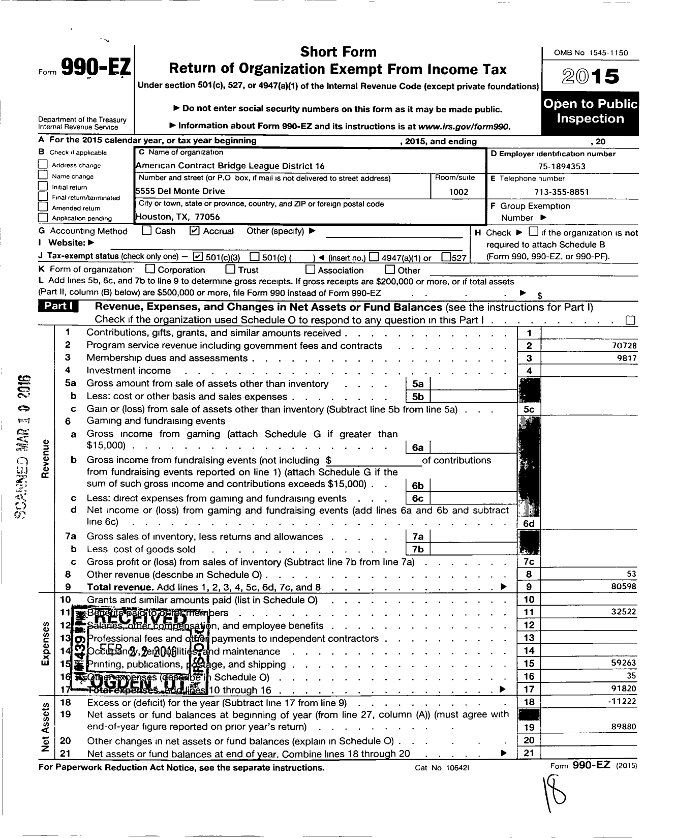 Image of first page of 2015 Form 990EZ for AMERICAN CONTRACT BRIDGE LEAGUE INC Texas Regional Conference