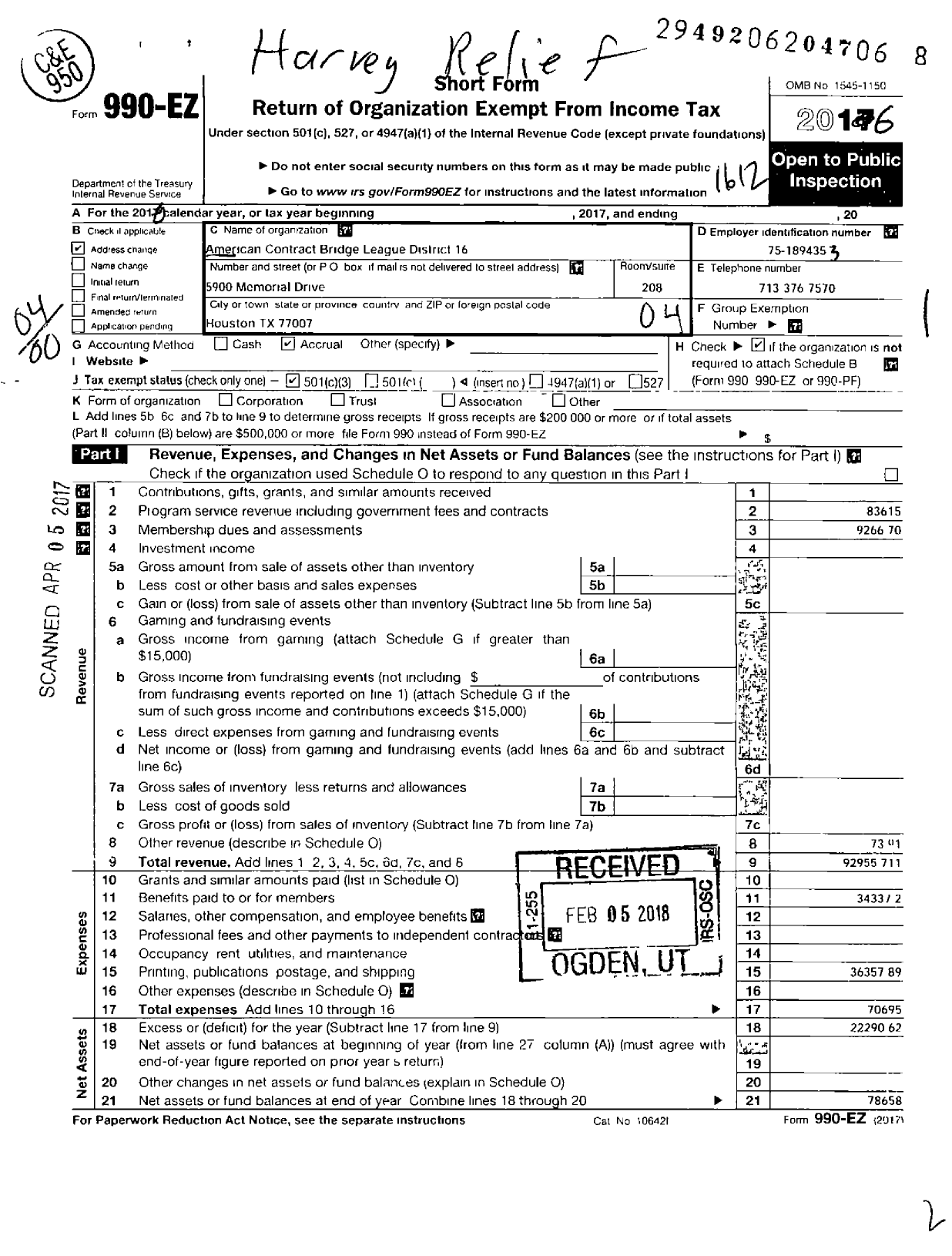 Image of first page of 2016 Form 990EO for AMERICAN CONTRACT BRIDGE LEAGUE INC Texas Regional Conference