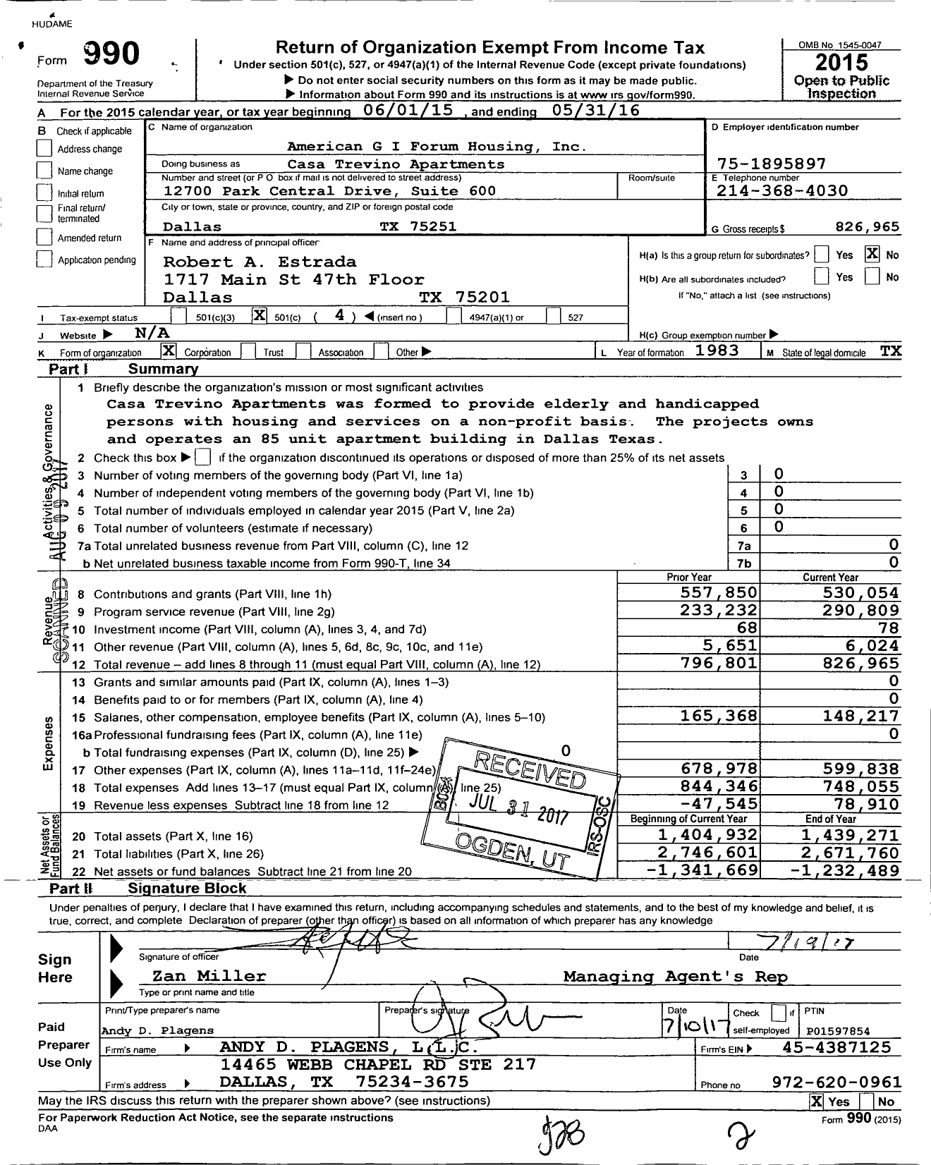 Image of first page of 2015 Form 990O for Casa Trevino Apartments