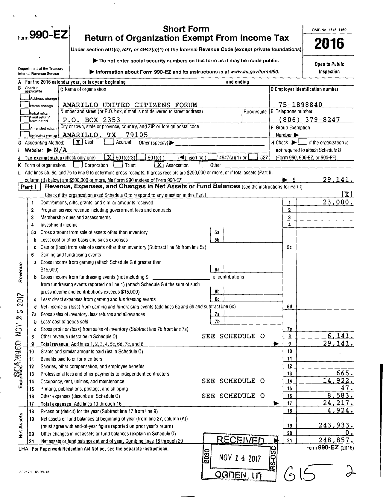 Image of first page of 2016 Form 990EZ for Amarillo United Citizens Forum