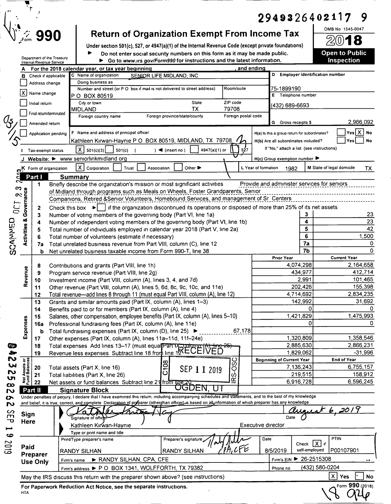 Image of first page of 2018 Form 990 for Senior Life Midland