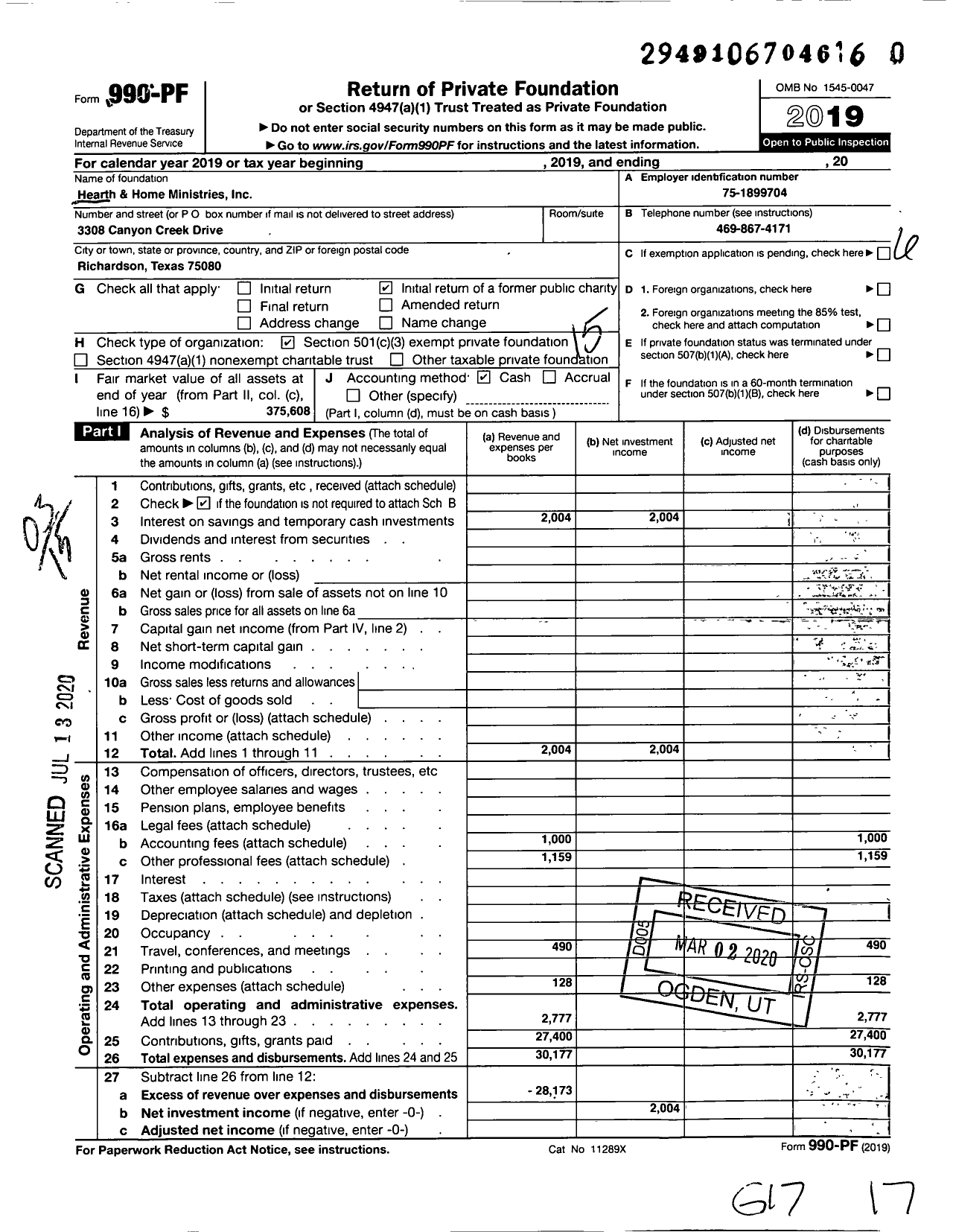 Image of first page of 2019 Form 990PR for Hearth and Home Ministries