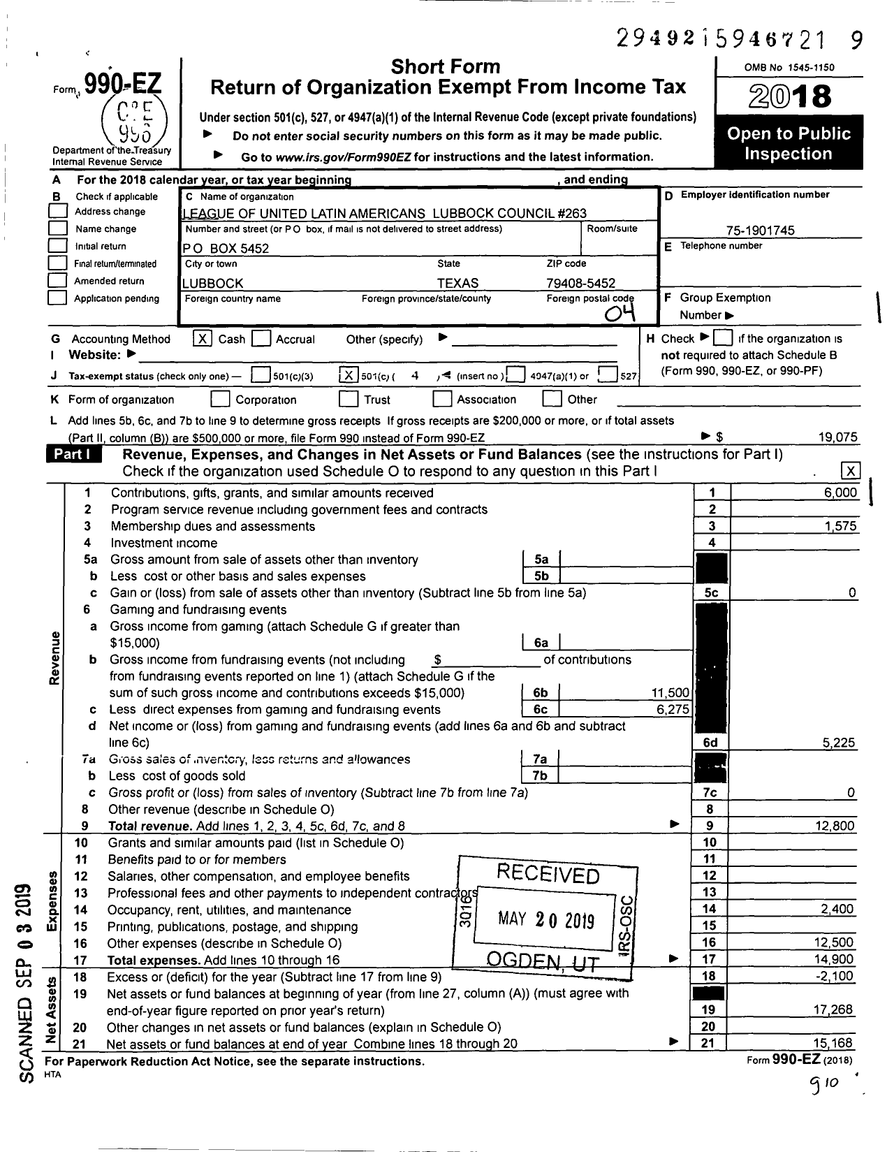 Image of first page of 2018 Form 990EO for League of United Latin Americans Lubbock Council 263