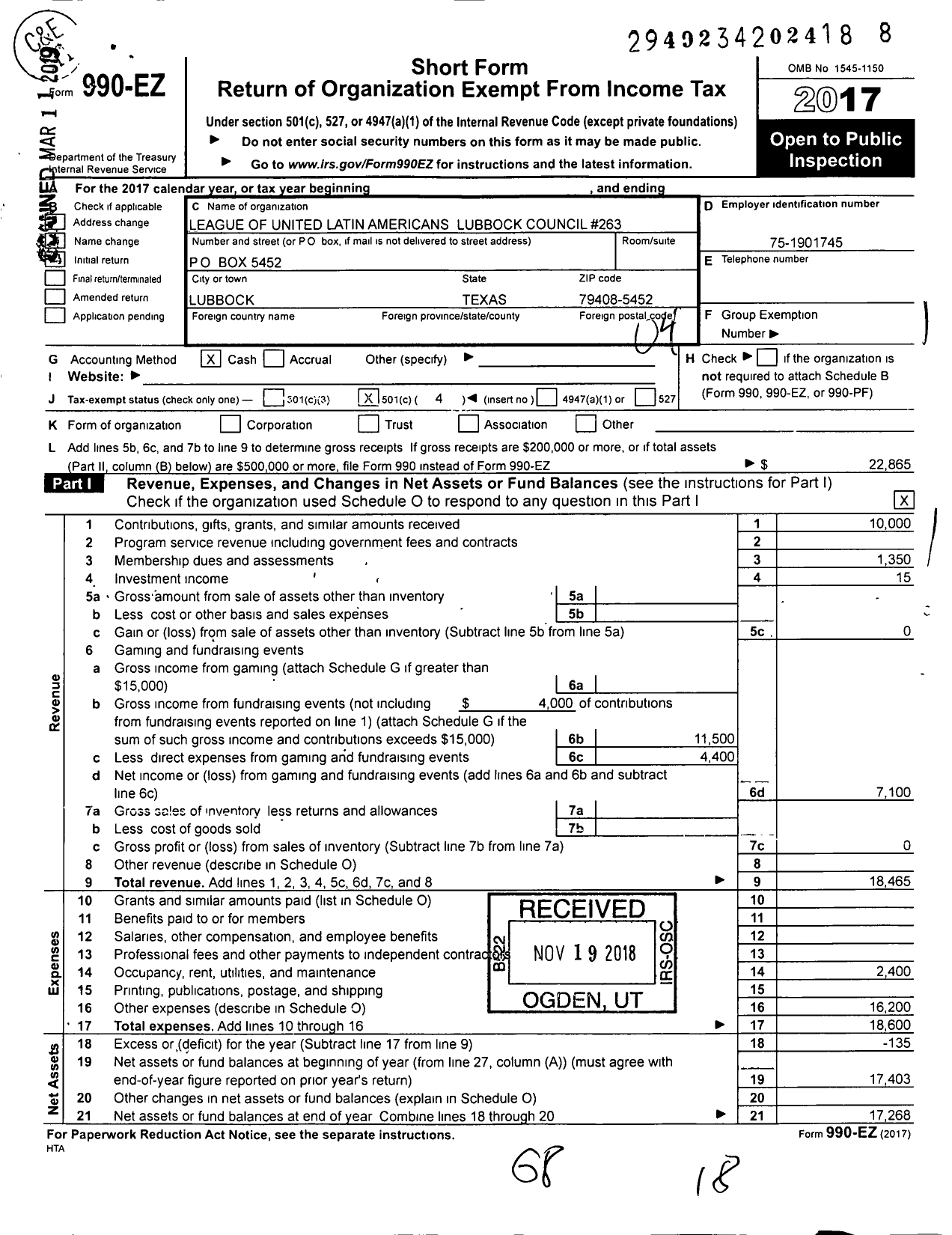 Image of first page of 2017 Form 990EO for League of United Latin Americans Lubbock Council 263