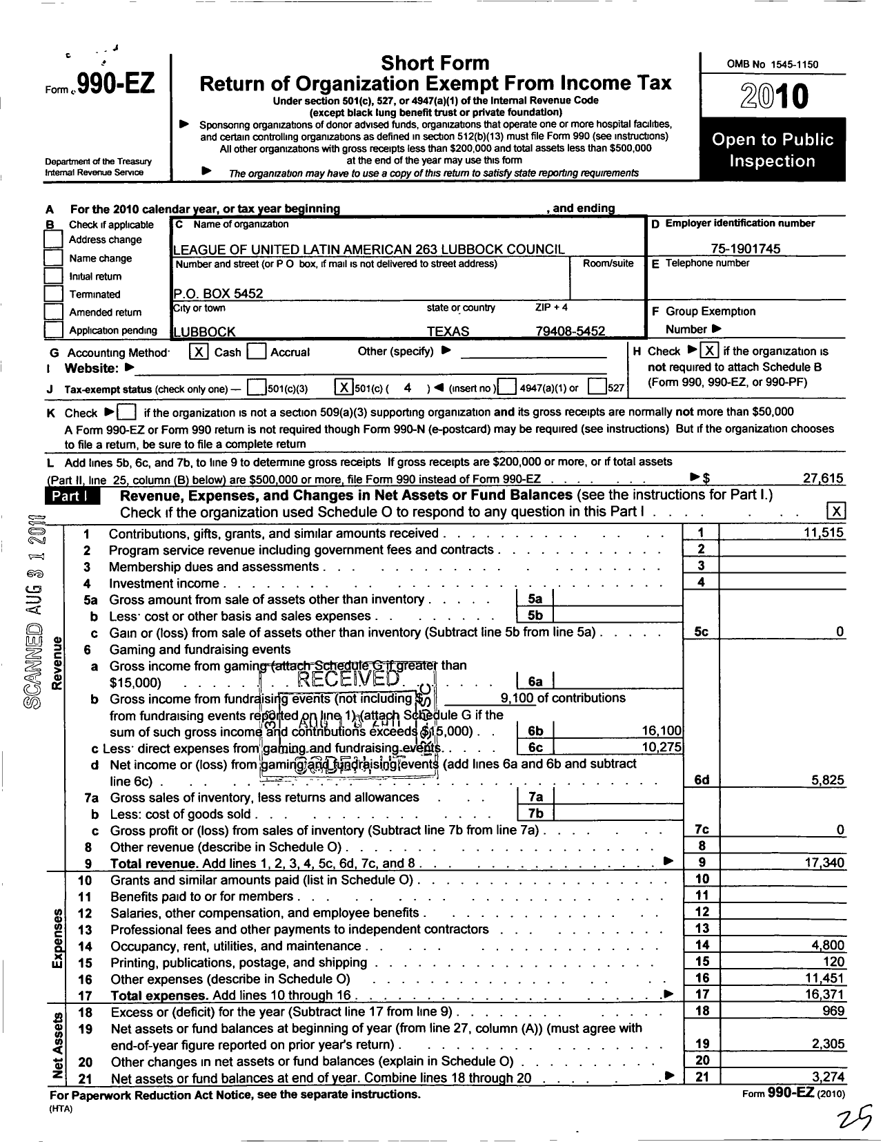 Image of first page of 2010 Form 990EO for League of United Latin Americans Lubbock Council 263