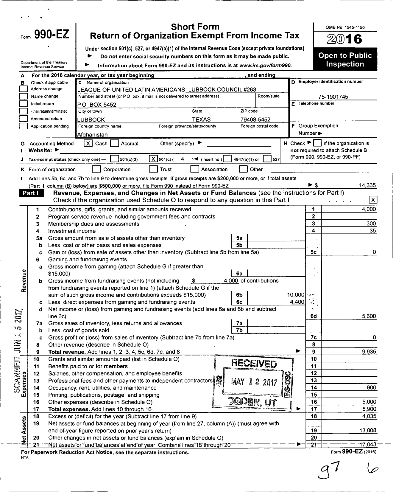 Image of first page of 2016 Form 990EO for League of United Latin Americans Lubbock Council 263