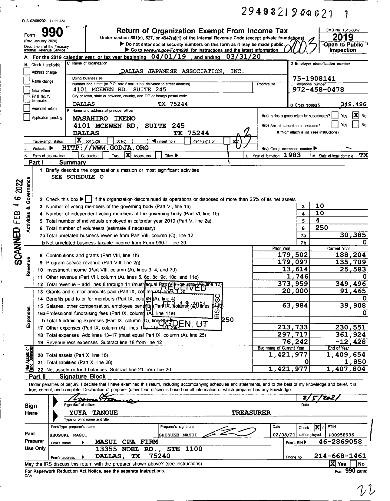 Image of first page of 2019 Form 990 for Dallas Japanese Association