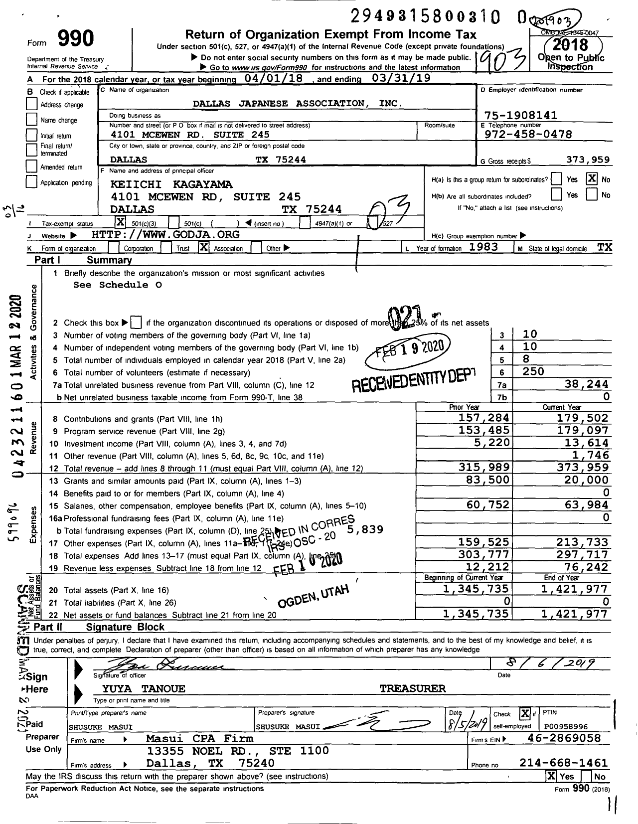 Image of first page of 2018 Form 990 for Dallas Japanese Association