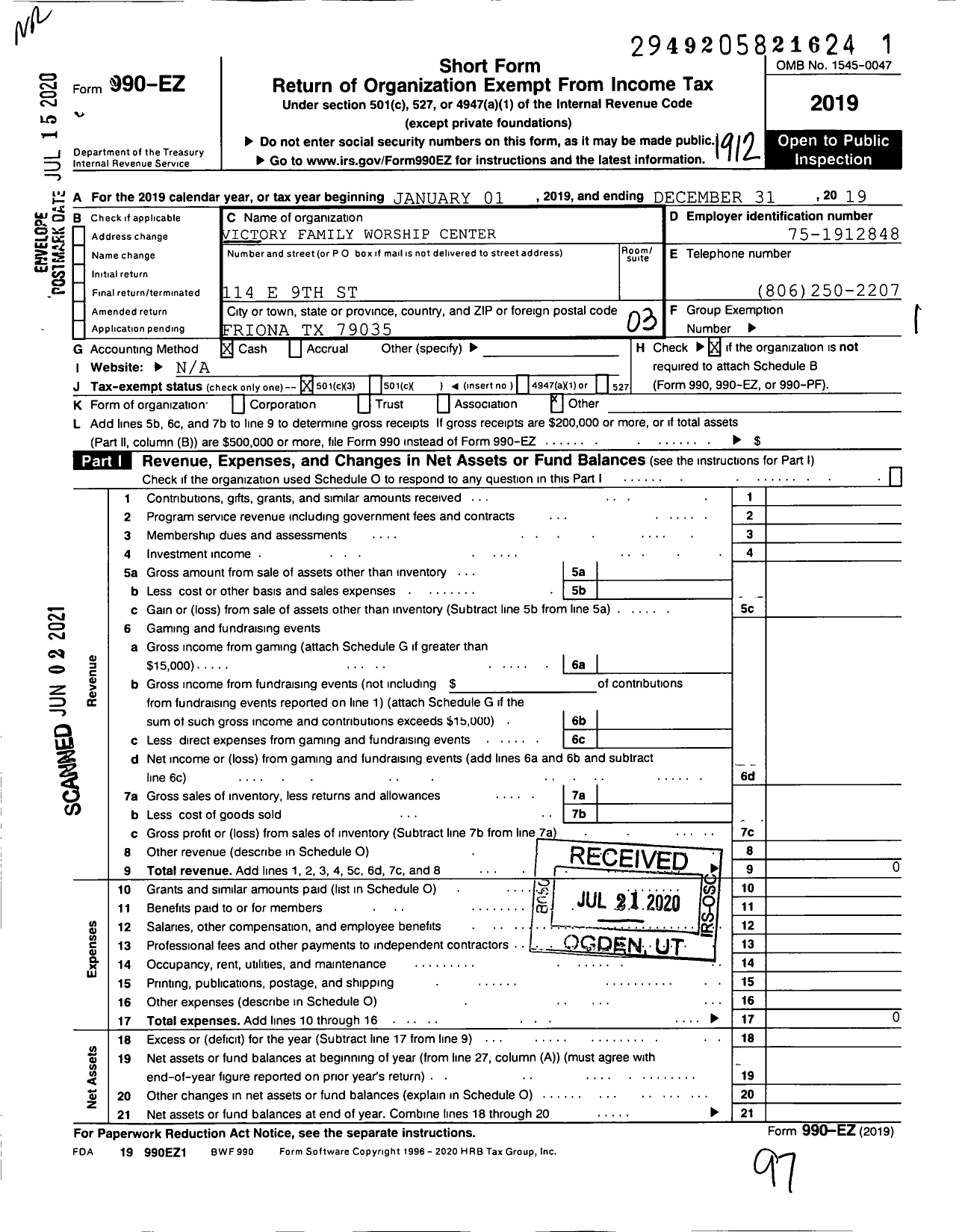 Image of first page of 2019 Form 990EZ for Victory Family Worship Center