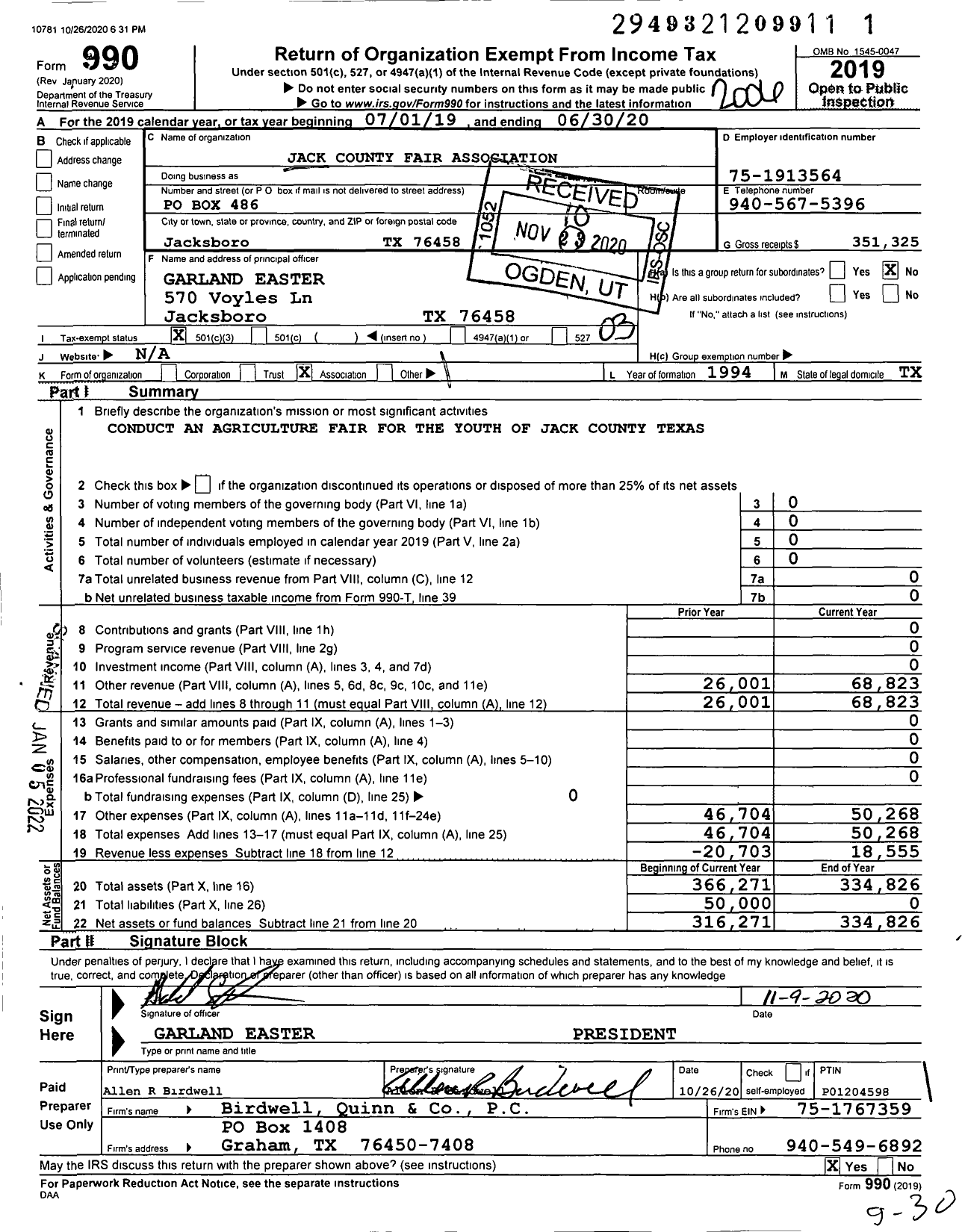 Image of first page of 2019 Form 990 for Jack County Fair Association