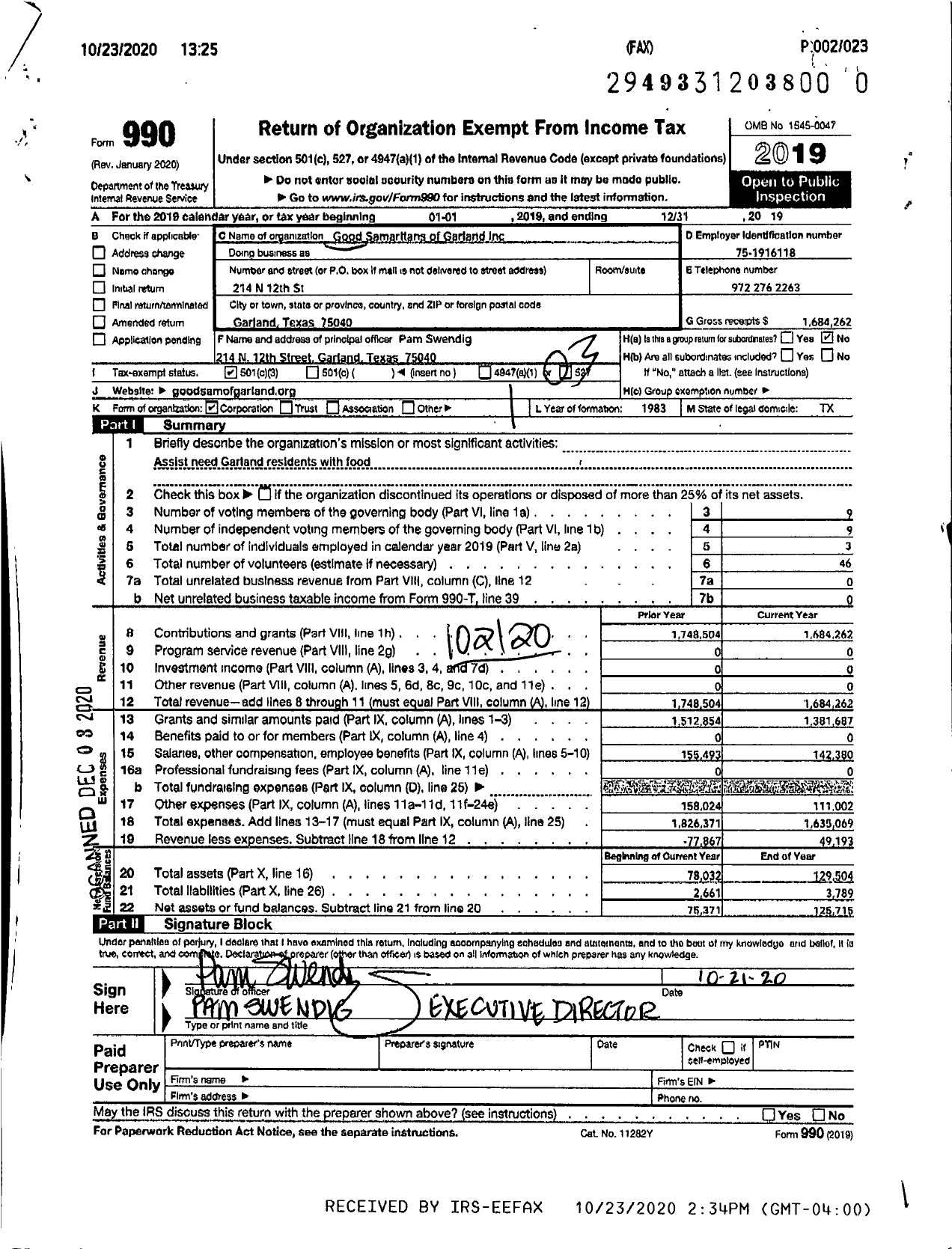 Image of first page of 2019 Form 990 for Good Samaritans of Garland