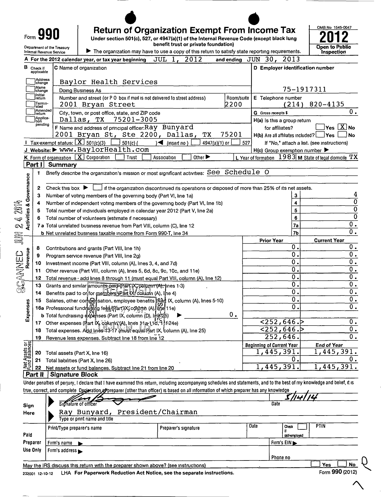 Image of first page of 2012 Form 990 for Baylor Health Services