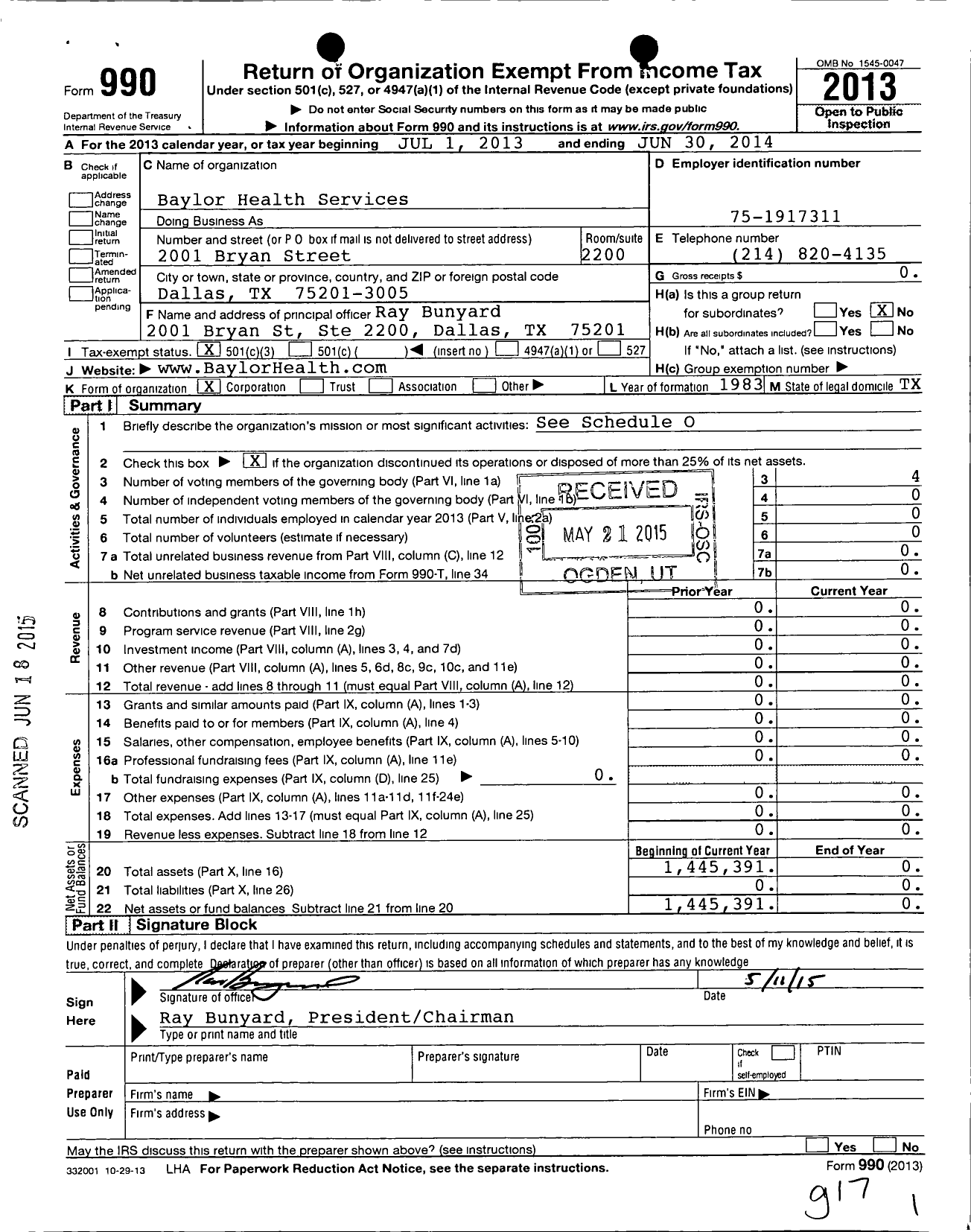 Image of first page of 2013 Form 990 for Baylor Health Services