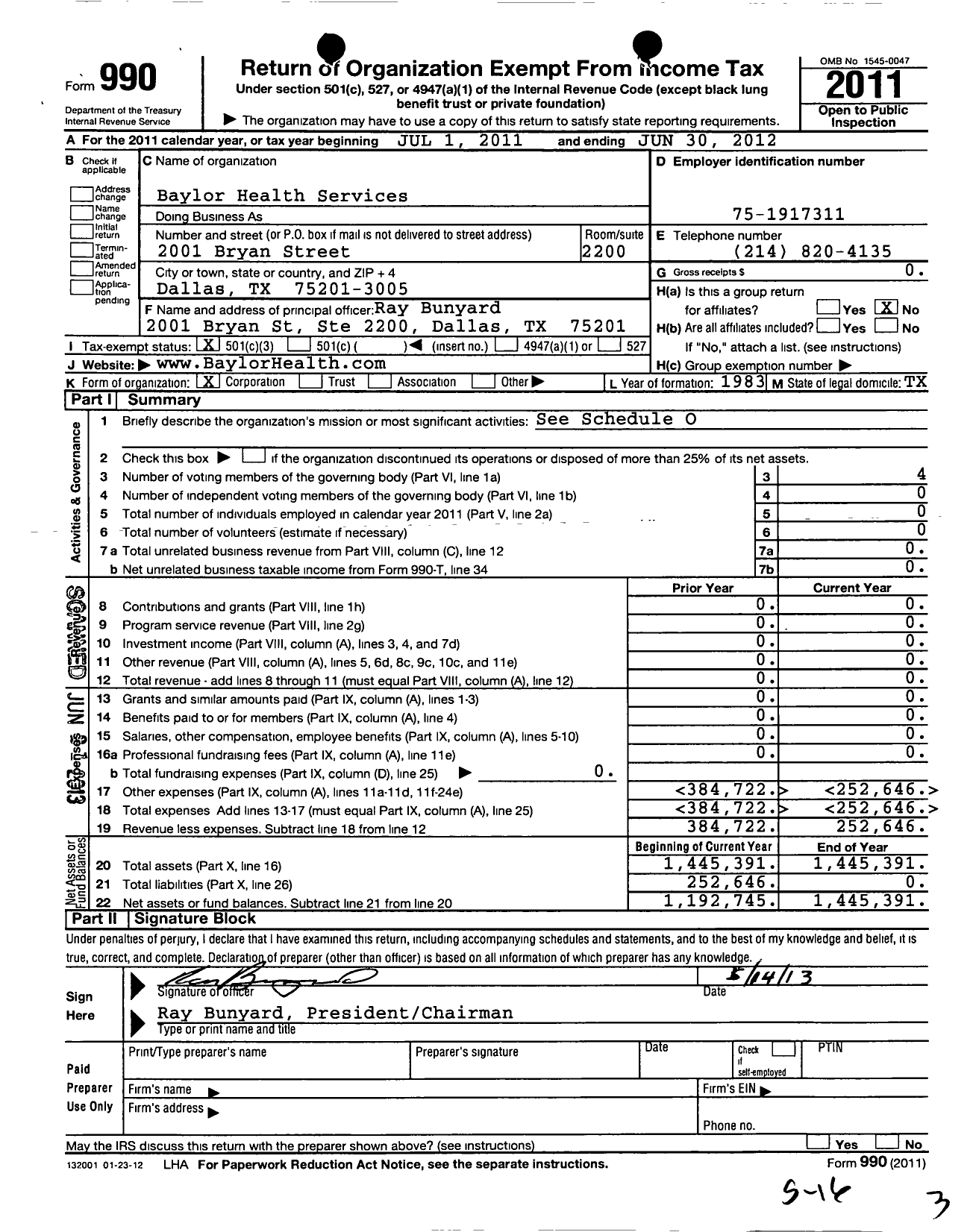 Image of first page of 2011 Form 990 for Baylor Health Services