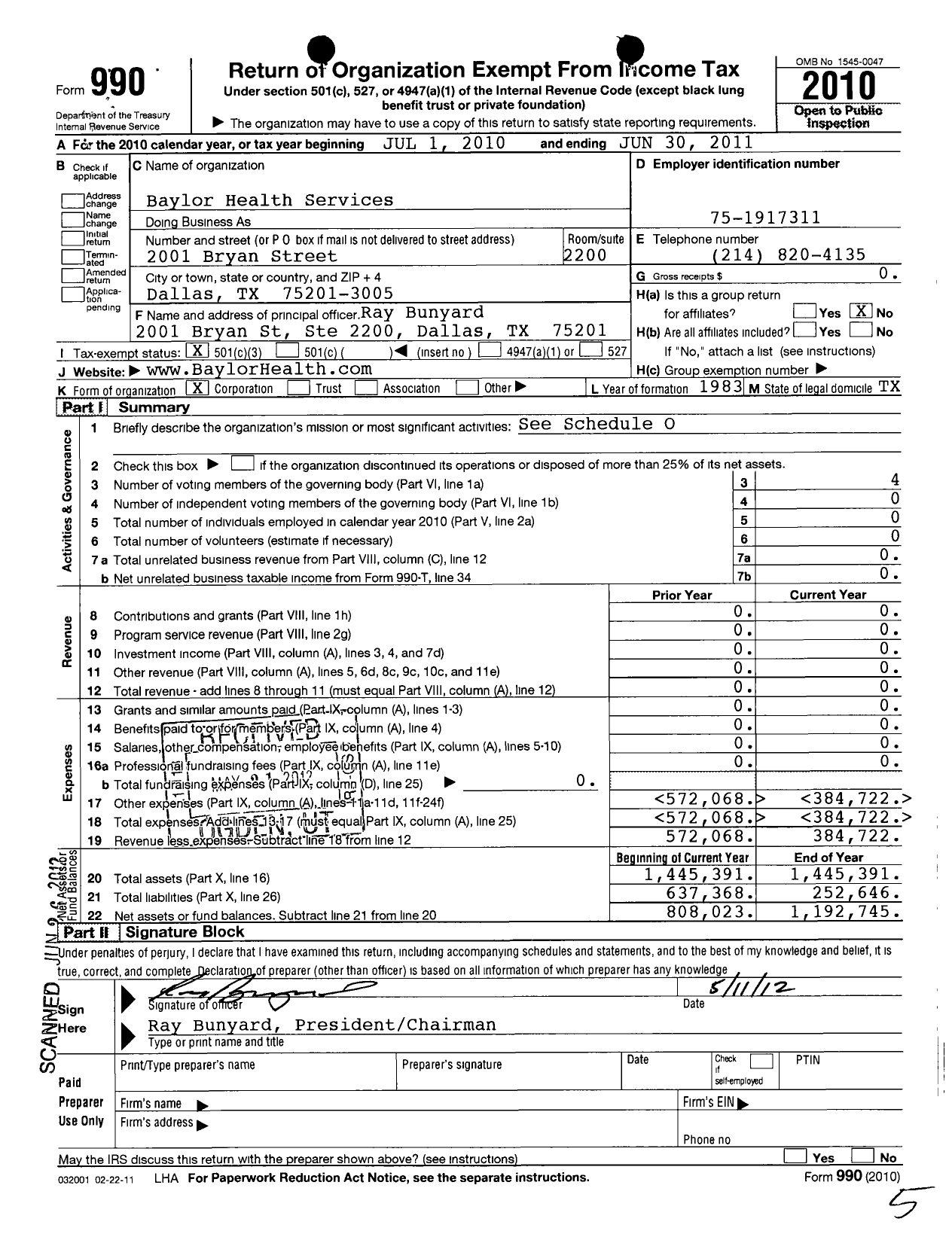 Image of first page of 2010 Form 990 for Baylor Health Services