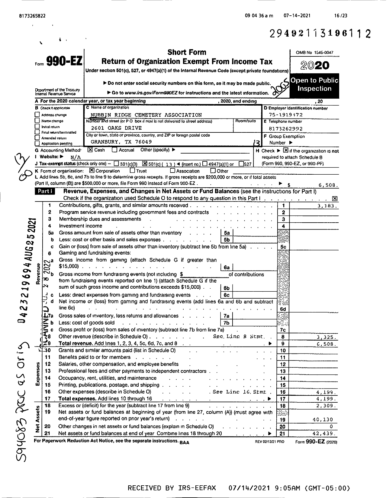 Image of first page of 2019 Form 990EO for Nubbin'ridge Cemetery Association