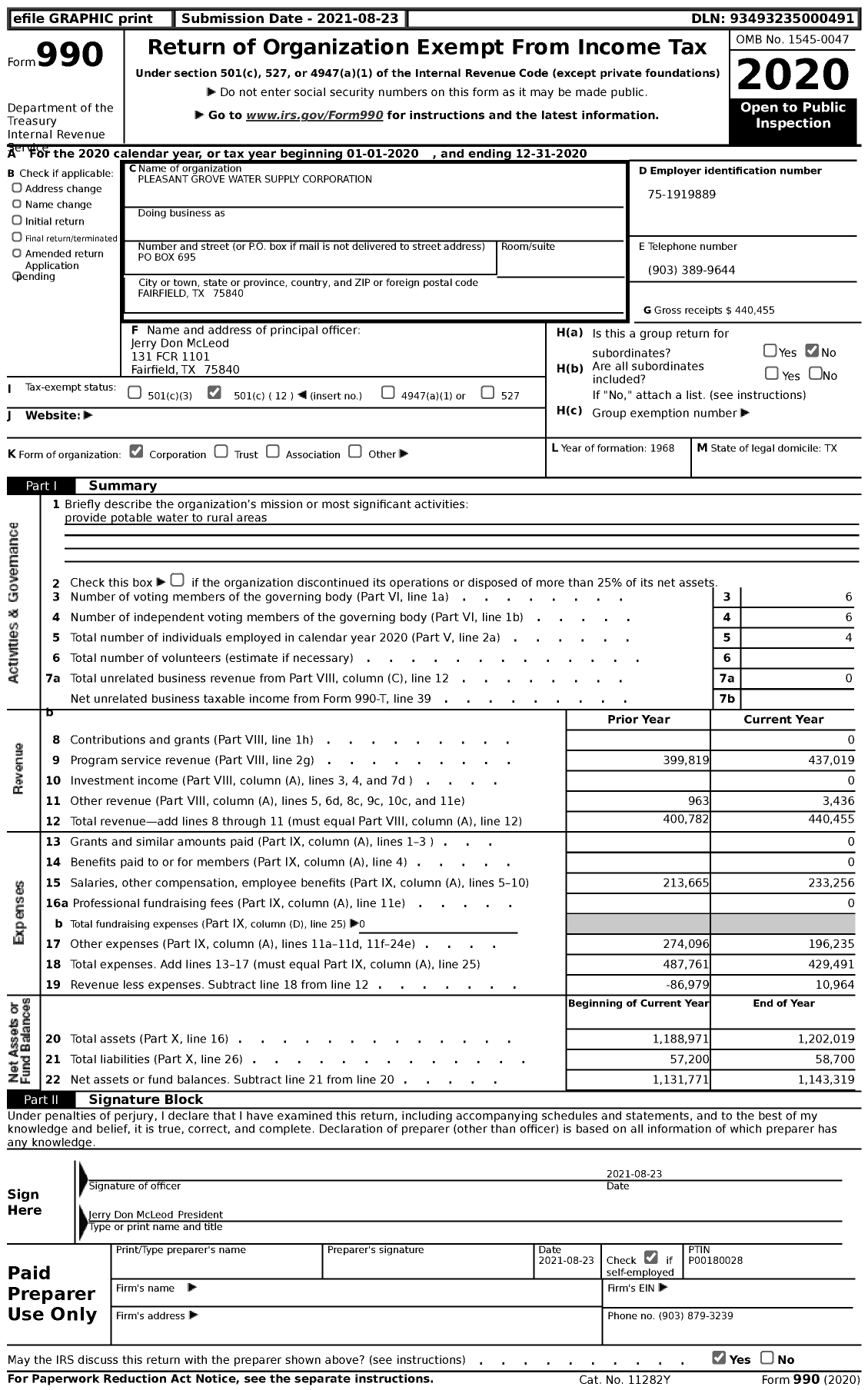 Image of first page of 2020 Form 990 for Pleasant Grove Water Supply Corporation