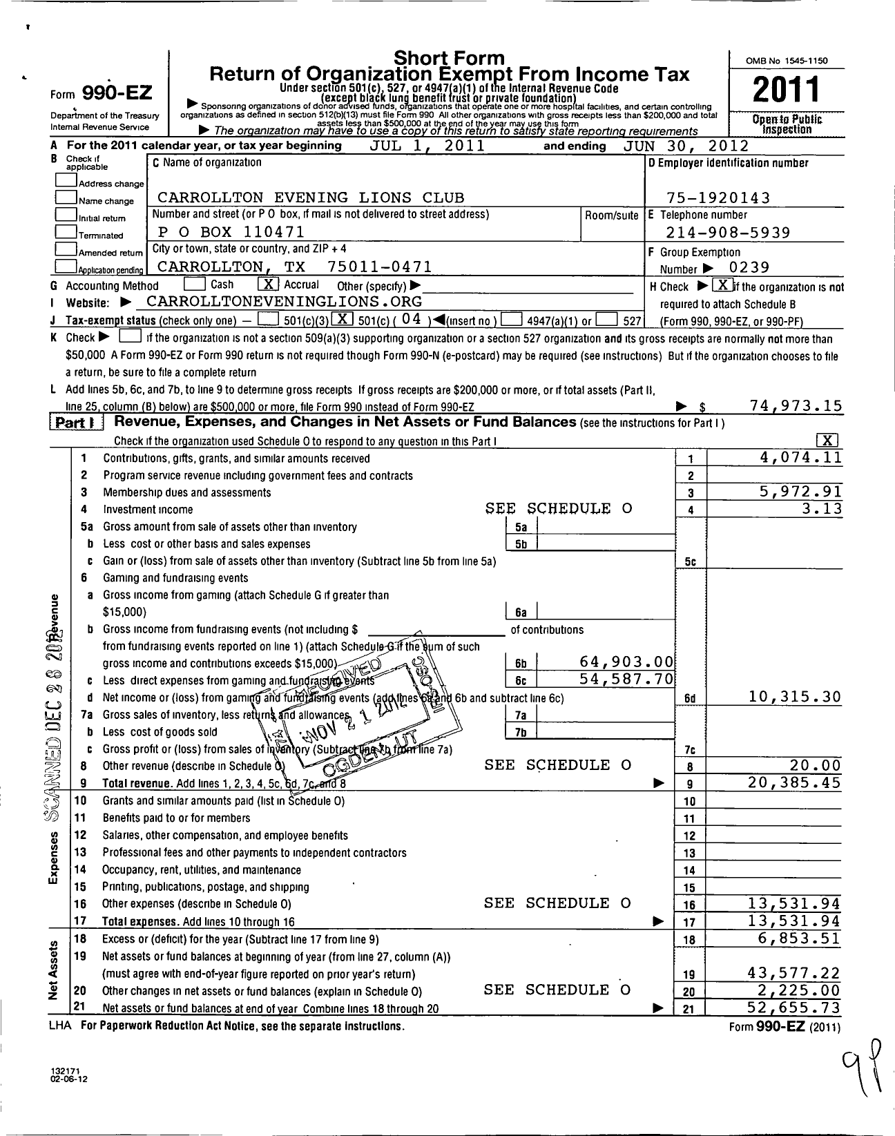 Image of first page of 2011 Form 990EO for Lions Clubs - 42999 Carrollton Evening