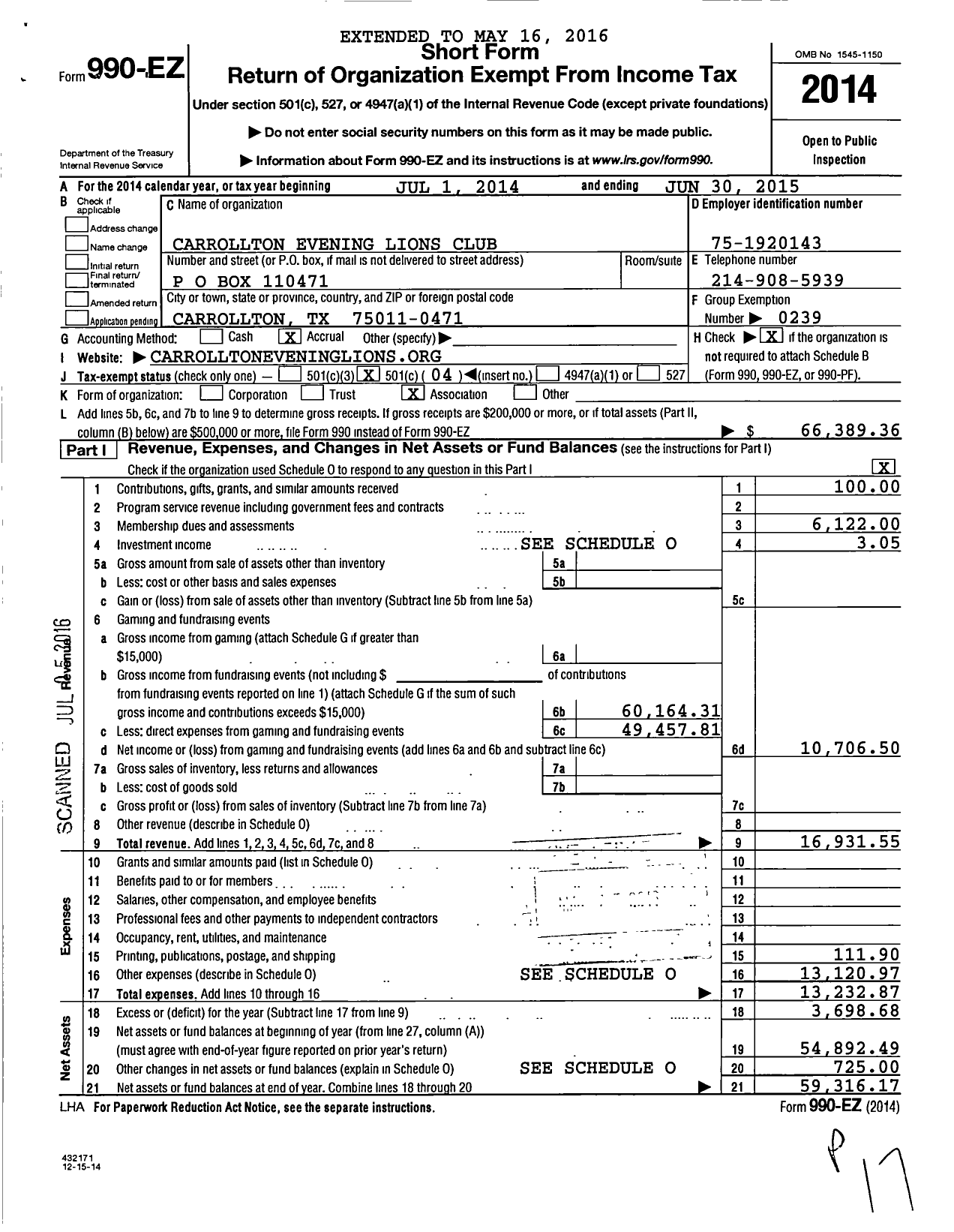 Image of first page of 2014 Form 990EO for Lions Clubs - 42999 Carrollton Evening