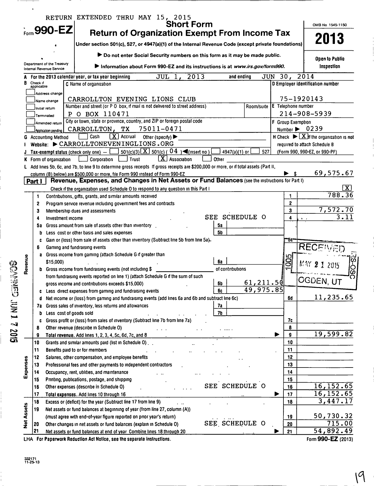 Image of first page of 2013 Form 990EO for Lions Clubs - 42999 Carrollton Evening