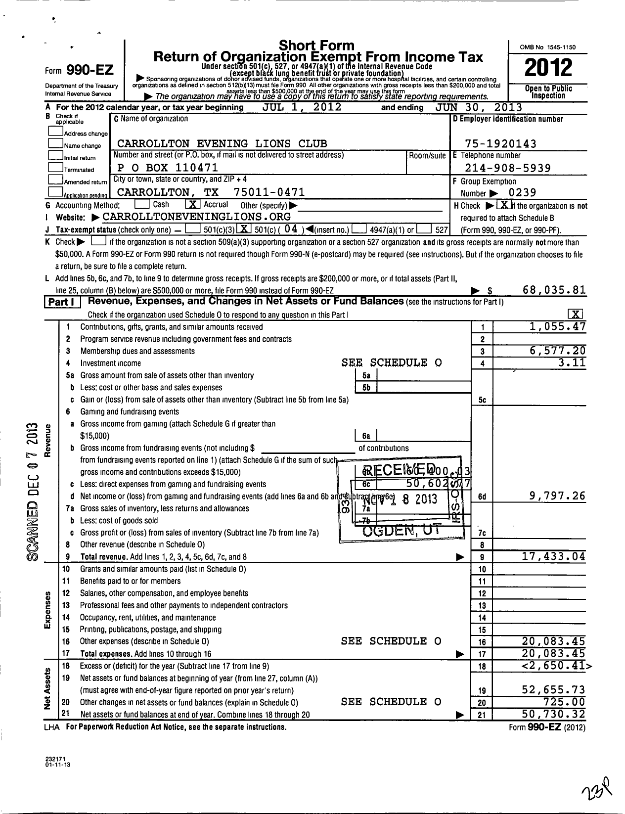 Image of first page of 2012 Form 990EO for Lions Clubs - 42999 Carrollton Evening