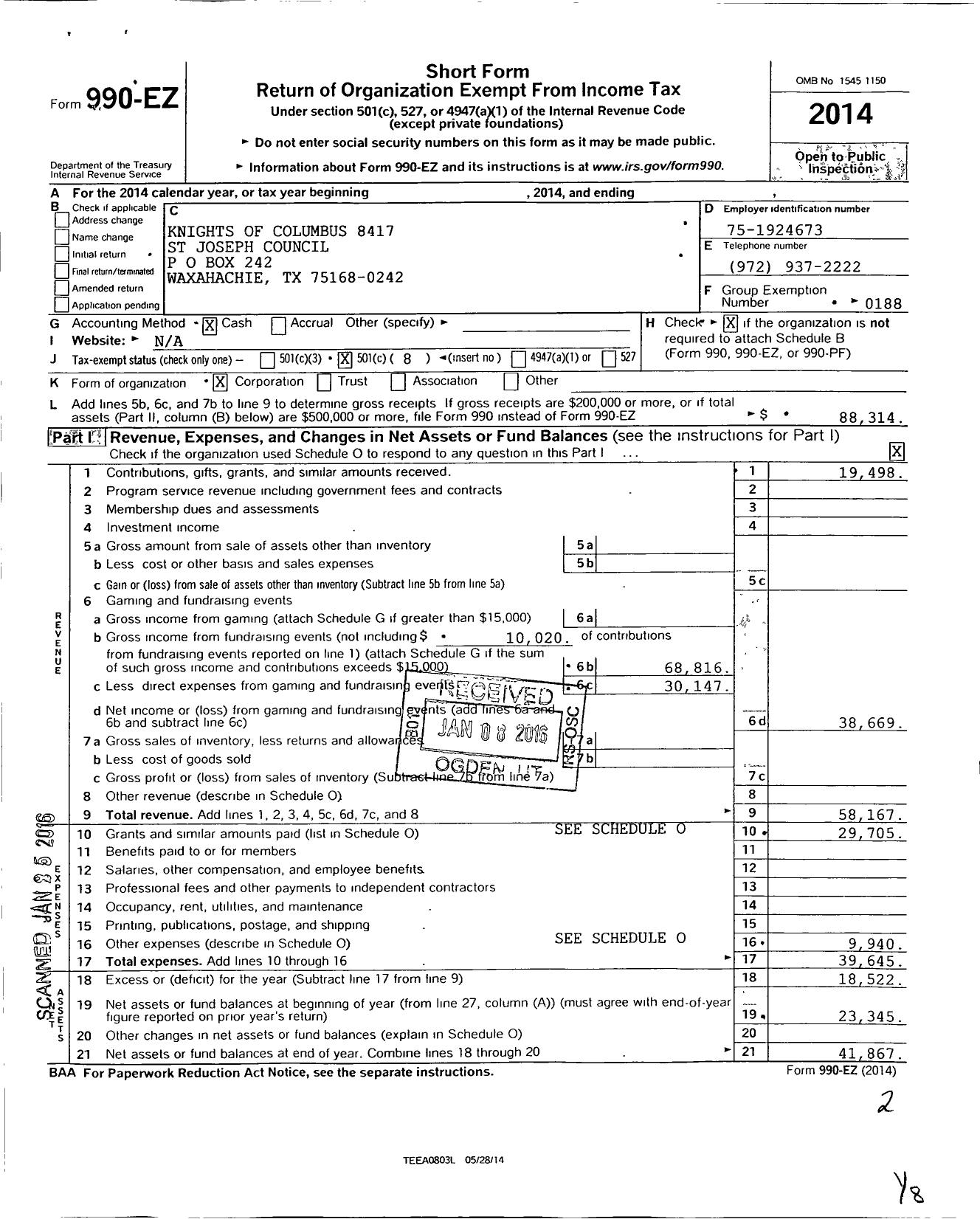 Image of first page of 2014 Form 990EO for Knights of Columbus - 8417 St Joseph Council