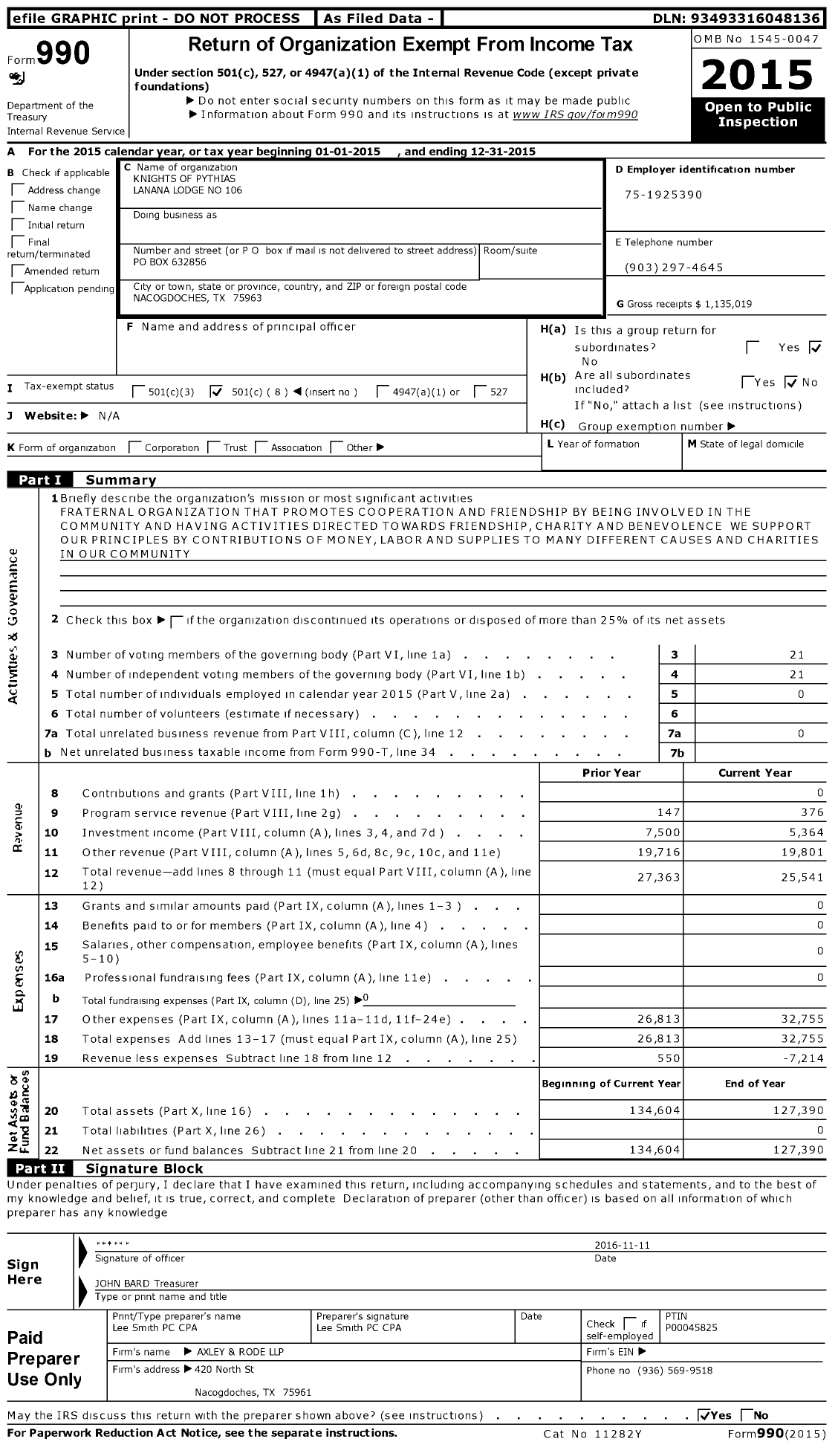 Image of first page of 2015 Form 990O for Knights of Pythias Texas - 106 Lanana